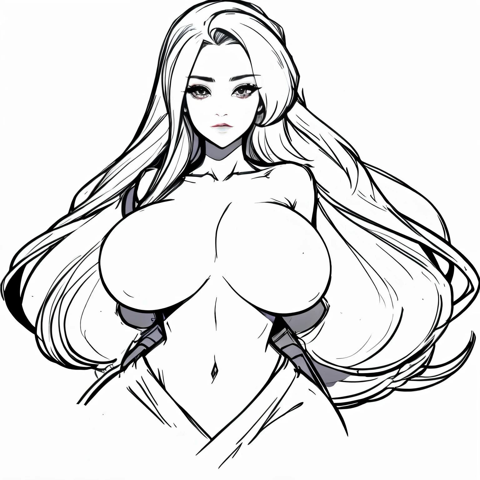 Coloring book for adults. Only black and white. low detail only main line. beautiful sensual nude and erotic woman with massive breasts. The breasts are not covered by anything. white background. white colors. full body view of blonde woman. (Ultra detailed:1.3) ((((best quality))) ,