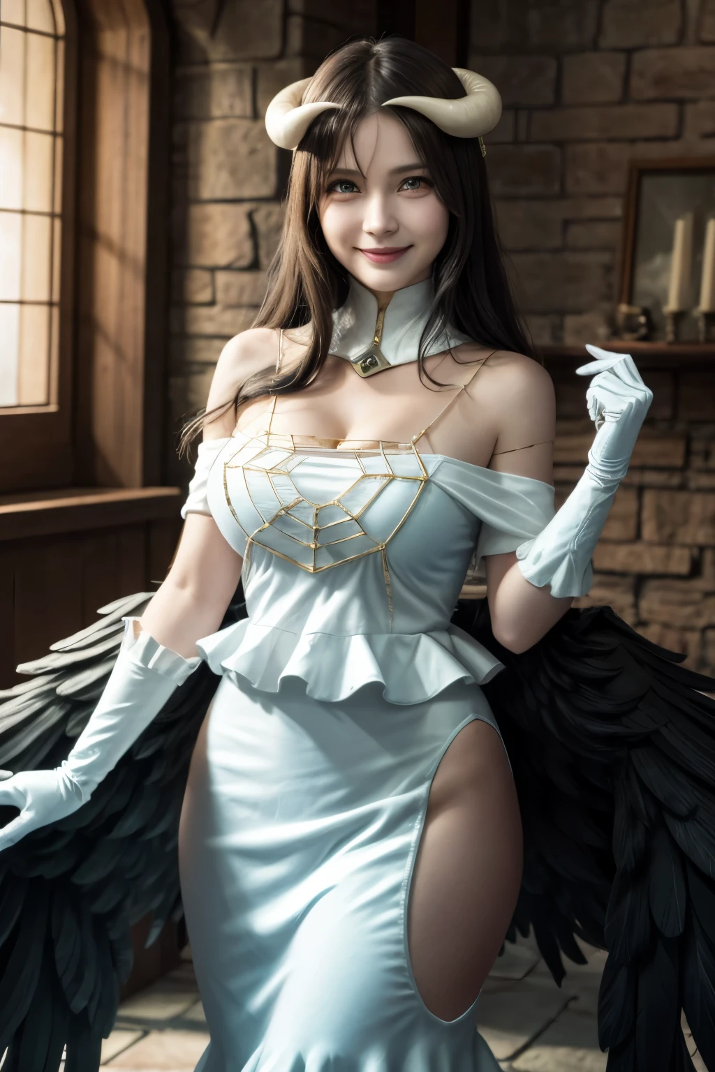 masterpiece, best quality, highres, al1, demon horns, slit pupils, white gloves, white dress, bare shoulders, detached collar, cleavage, black wings, feathered wings, low wings, cowboy shot, standing, smile, dungeon, evil smile,