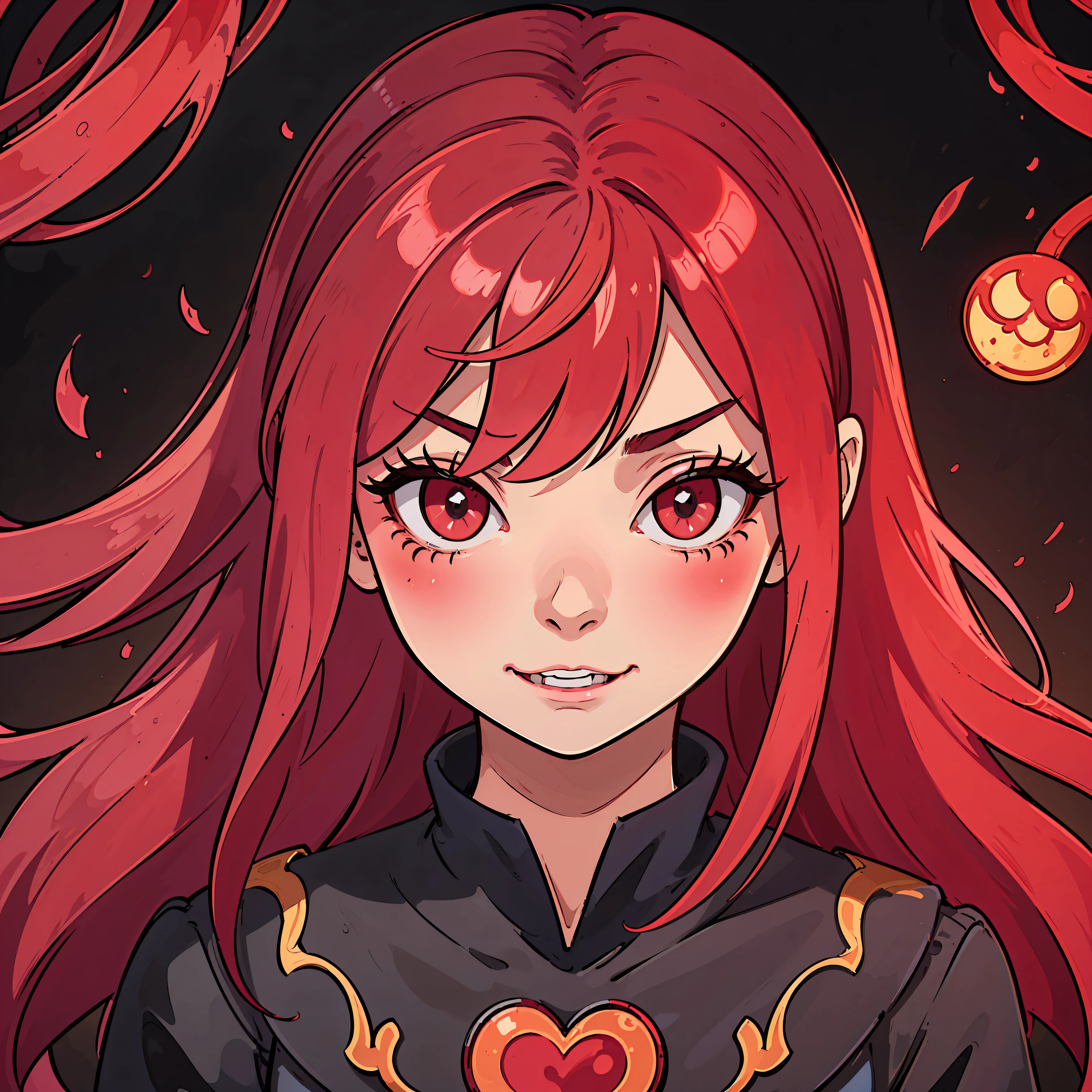 villain, mal smile, mal, crueldade, genocida,vermelho, garota, Covered area, hearts, princess, lindo, Wonderland, Cabelos ruivos fortes, anime, vermelho eyes, bonitinho, very lindo