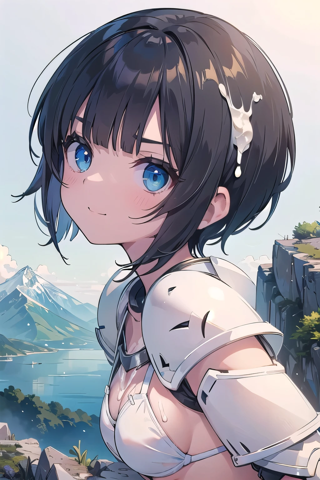 (masterpiece:1.2), (highest quality:1.2), Upper body, perfect eyes, perfect face, perfect lighting, mountainous horizon, 1 girl, 1 boy, black hair, blue eye, ((very short back hair)), blunt bangs, cute eyes, Medium chest , ((From the side)),From above, closed mouth, vivid description,orgasm, I was scared, Ahegao, smile+Happy, tooth, anger, From the side, sitting, (((white bikini armor))), ((disdain)), (((((cum on body))))), (((glaring)))