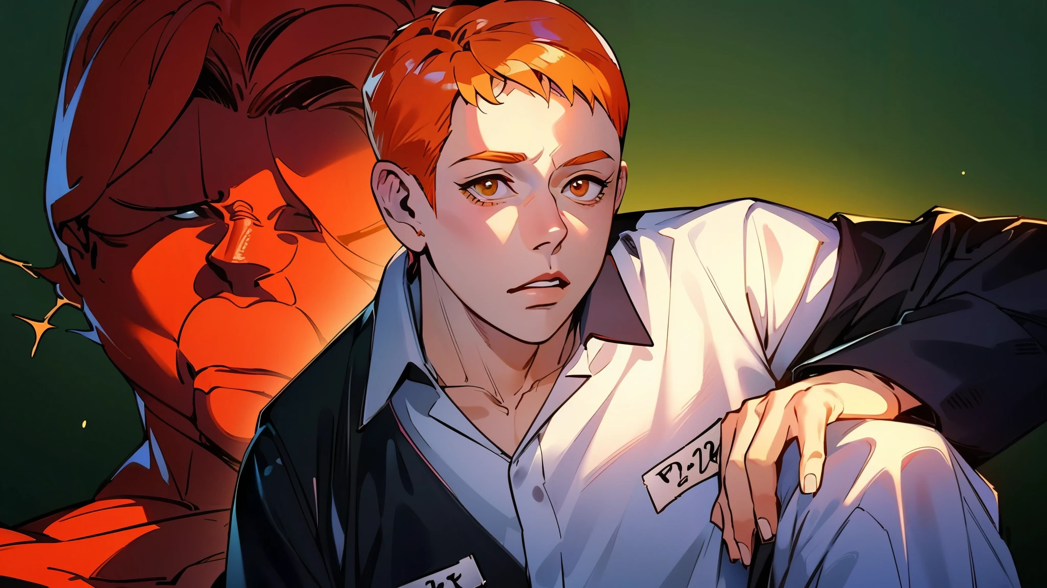 a close up of a person sitting on a chair with a name tag, kentaro miura manga art style, kentaro miura manga style, jujutsu kaisen, manga style of kentaro miura, cel shaded anime, male anime character, webtoon, cel - shaded art style, orange - haired anime boy, sui ishida art manga