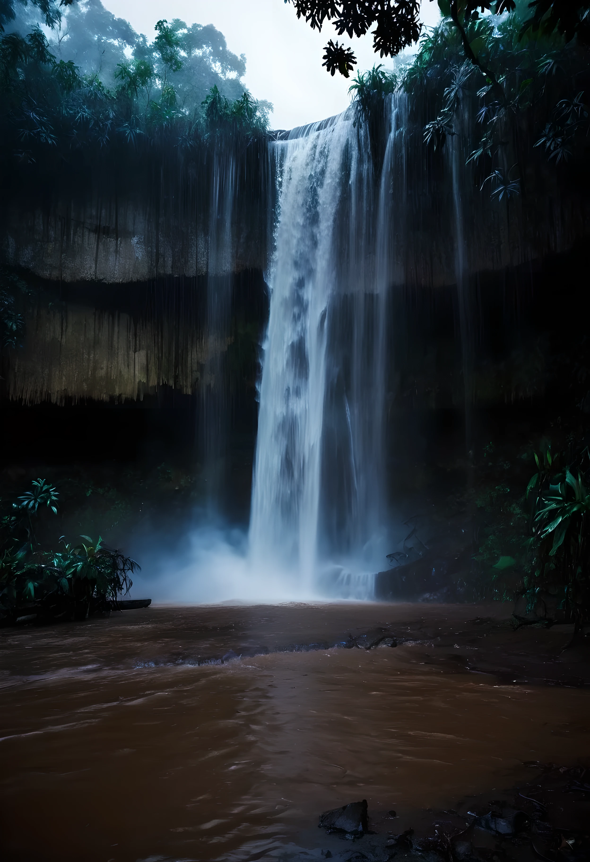 try it, waterfall, horror, dark forest, glowing, muddy water, murky water, low light, moonlight, misty, creepy