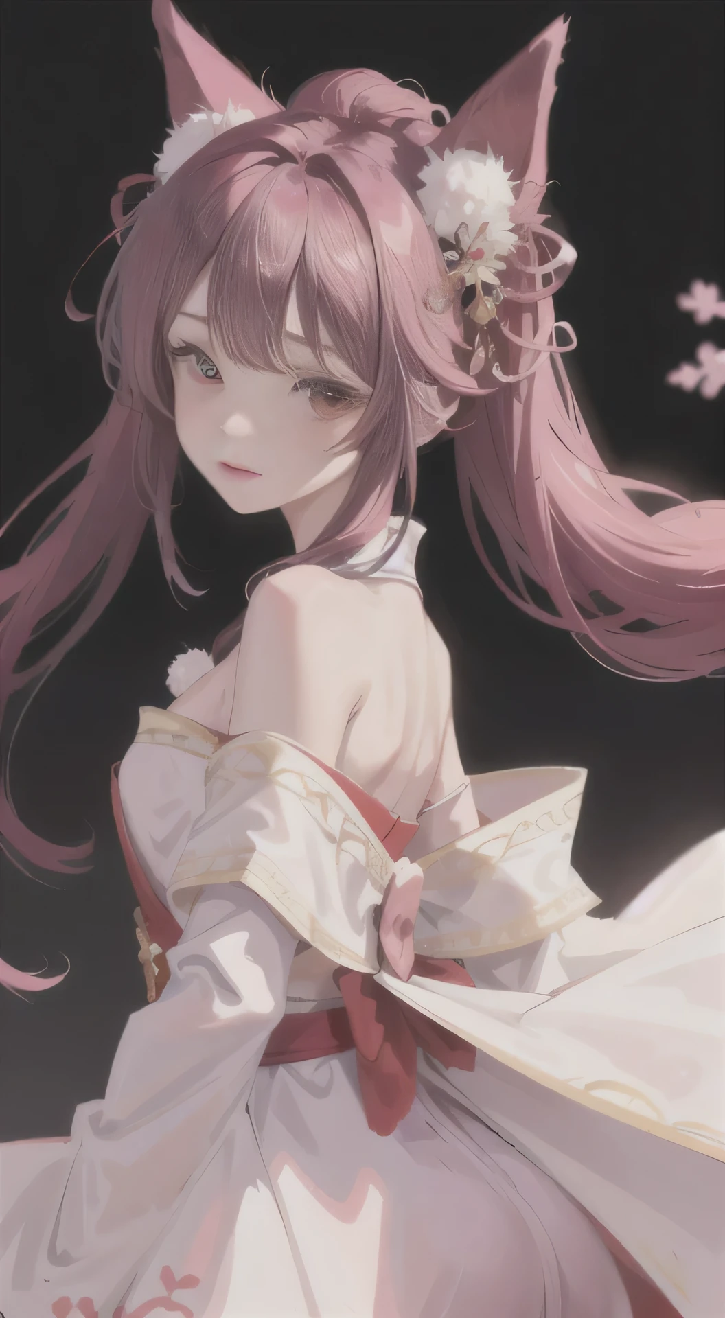 Anime style, a captivating close-up portrait of a girl with long, flowing pink rabbit ears and a fluffy rabbit tail, her ears adorned with intricate designs and her tail wrapped gracefully around her, exuding a happy and polished yet powerful look, reminiscent of Mara or Geisha characters, hyper-detailed features, expressive eyes, delicate textures, masterful shading, professional fur rendering, ethereal atmosphere, brilliant color palette, truly a stunning anime image.