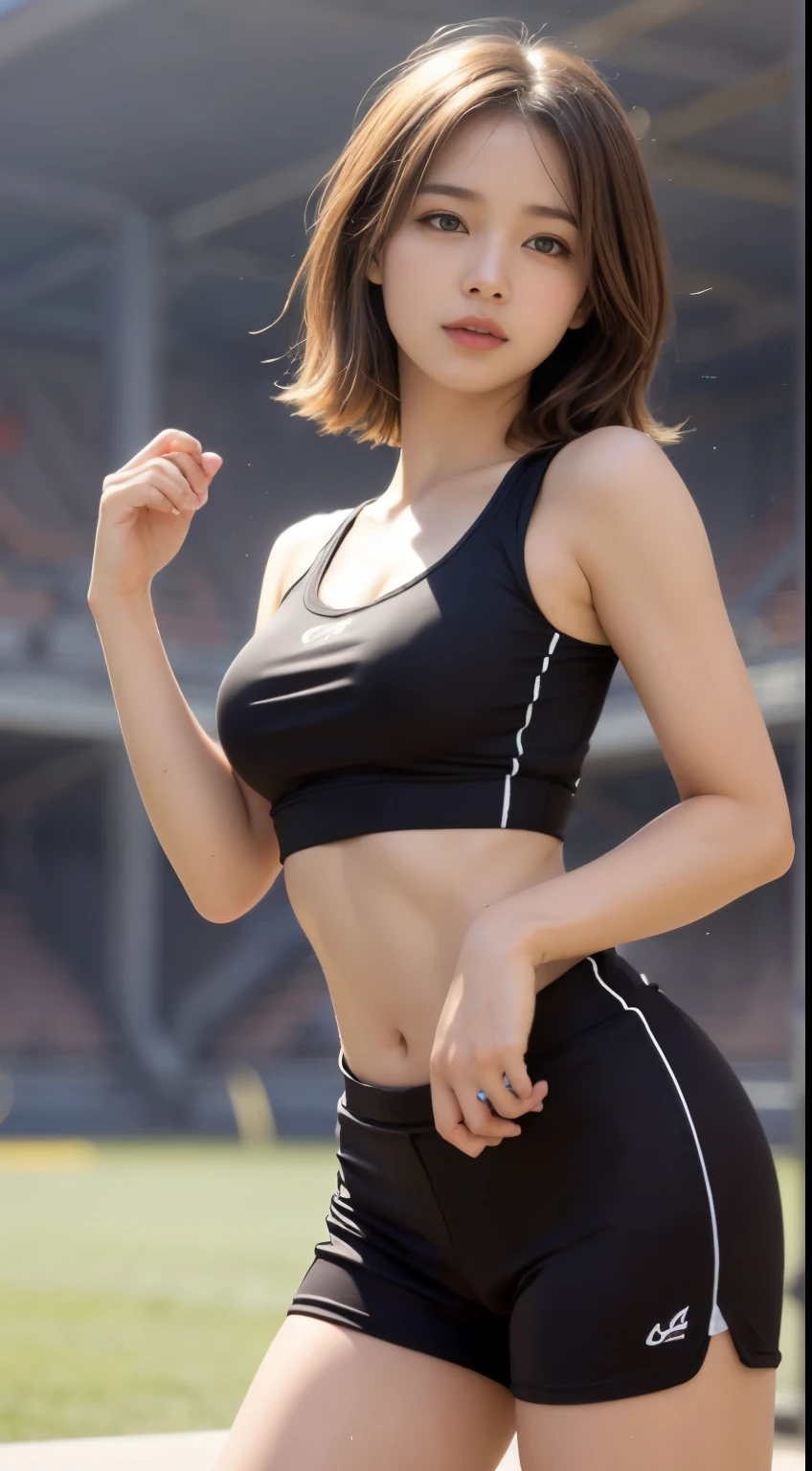 (highest quality ,16k, High resolution, table top:1.2), super detailed, (realistic,realistic, Photoreal:1.37), athletic runner, beautiful high school girl, short bob hair, blush, stunning light brown hair, shining hazel eyes, Curvaceous, constricted waist, athletics stadium, Navel exposed, blushする, Sweat, bright sunshine, looking at camera,
