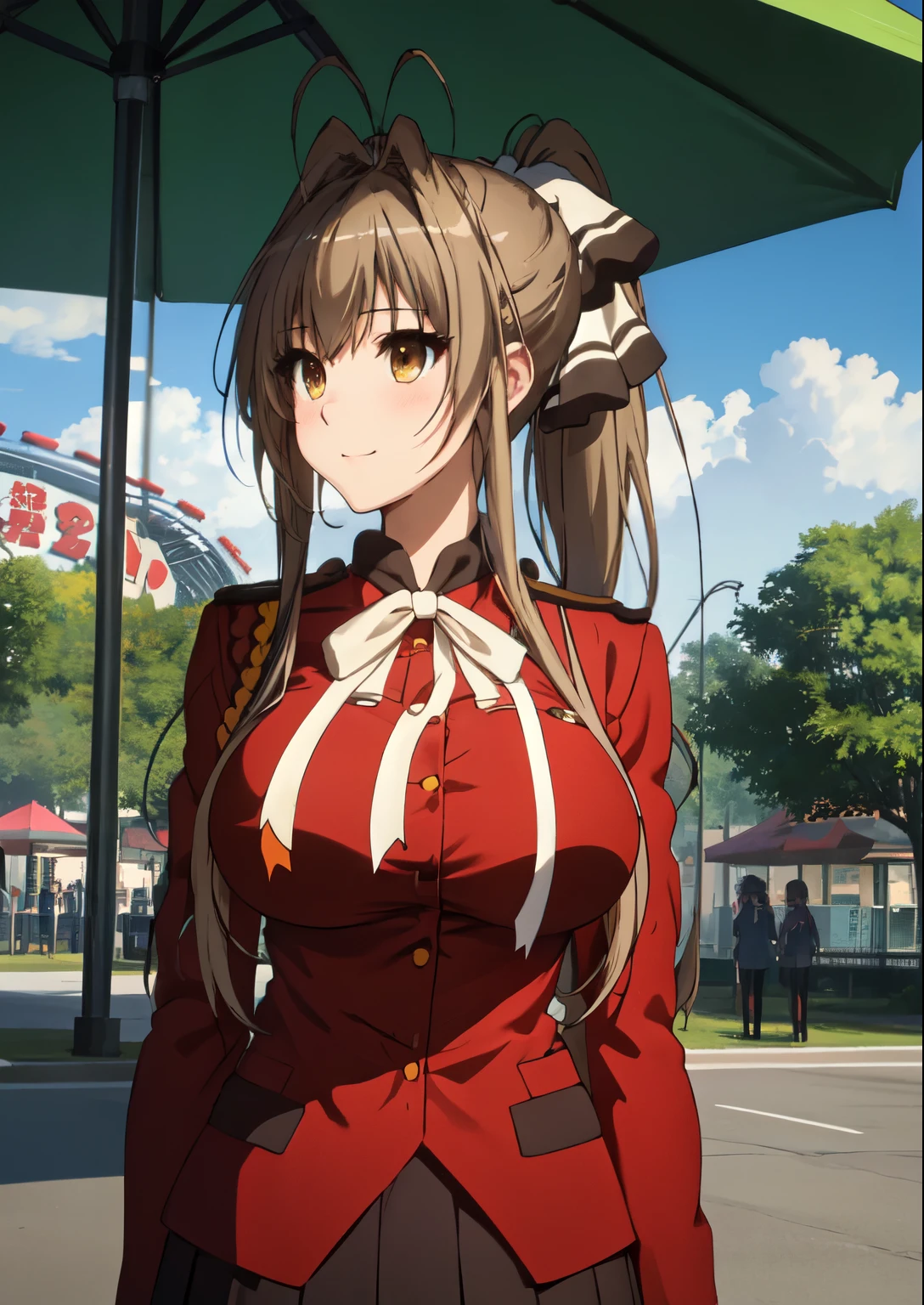 amusement park, ((isuzu-uniform)), highres, absurdres,best quality, (masterpiece:1.2), highly detailed、Isuzu Sento、 solo、closed mouth、light smile、 brown hair、brown eyes、long hair、antenna hair、ponytail、hair ribbon、 outdoors、Are standing、(blush、eye light、highlight on eyes)