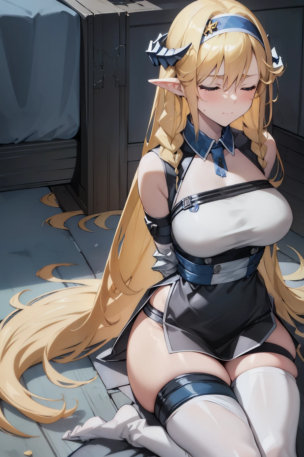 woman, anime, denim, blond_hair, pants, horns,
long_hair, large_breast, ((closed eyes)), (((hands tied behind))), ((arms behind back)), (slim legs), (slim thigh), (thigh high boots), boots, white thigh high, blue hairband, solo, closed_mouth, scowl, sleeveless, ((black skirt)), arm strap, bangs, bare_shoulder, blush, (((Seiza))), ((((Thighs together)))), Concrete floors, Concrete walls, in a basement, underground room, Indoors, Surreal, Insanely detailed, Detailed face, extremely detailed, saileach,saileach,CH4IRTIED,1girl