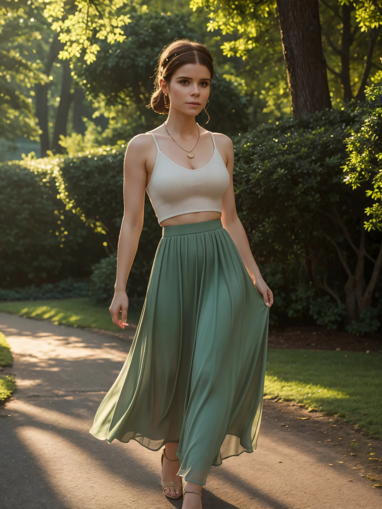 Kate Mara, Superb Quality, Masterpiece, High Resolution, 1Girl, Blush, (Seductive Smile: 0.8), Star Pupil, Hair Accessories, Necklace, Jewelry, Beauty, on_body, Tyndall Effect, Realistic, Shadow Room, Light Edge, Two-tone Lighting, (High Detail Skin: 1.2), 8K UHD, SLR, Soft Light, High Quality, Volume Lighting, Candid Photo, High Resolution, 4K, 8K, Background Blur, Real Person, green, scifi city background, dawn, summer maxi skirt, walk