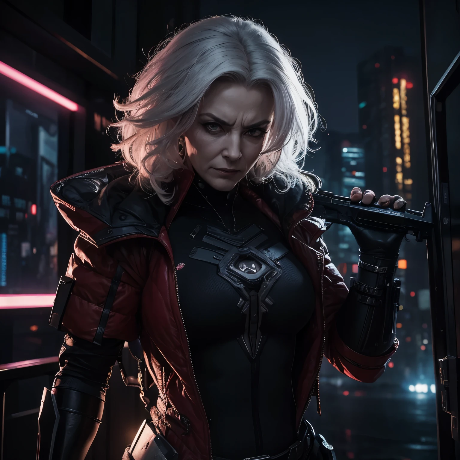 Realistic portrait image of a muscular and strong 50 years old adult woman with white curly hair wearing a crimson black suit with an evil and malicious expression preparing to kill in a cyberpunk city at night, cidade macabra, cidade cyberpunk noturna sobrenatural, rugas suaves no rosto, marcas de idade, terno estranho, mulher idosa, Estilo cyberpunk, visto da cintura para cima, Foto realista, 4k, extreme resolution, ultra high resolution, dynamic lighting, personagem realista