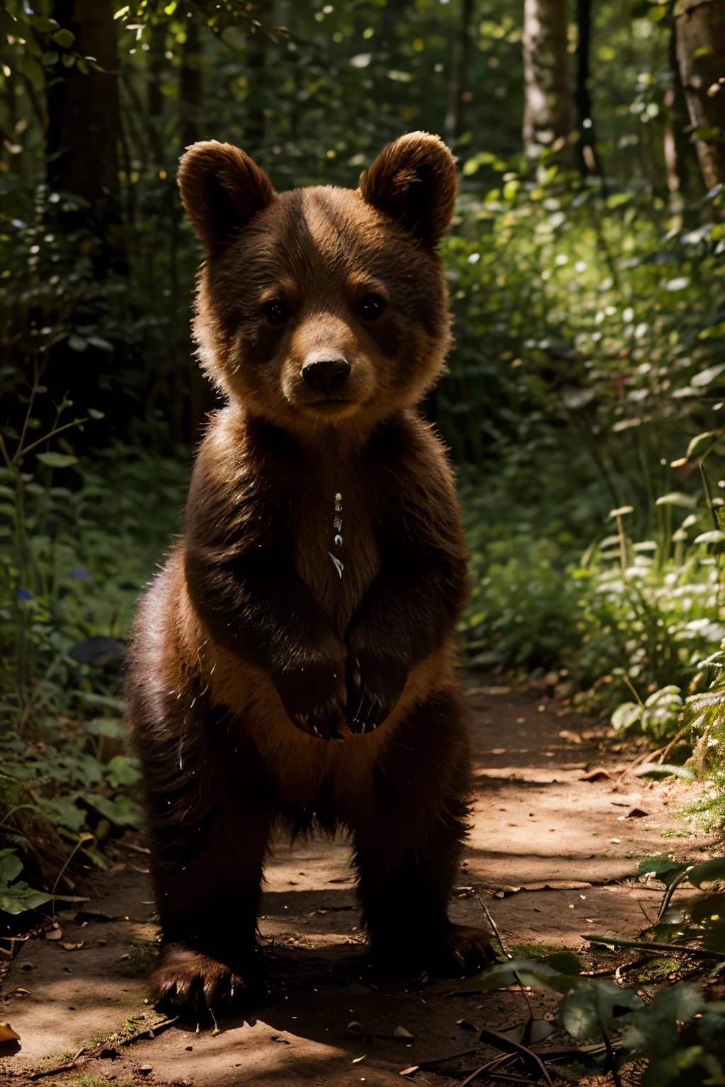 The cover features a charming illustration of a small bear cub standing tall on his hind legs, with a determined expression on his face. He is surrounded by lush green trees and colorful wildflowers, hinting at the adventure that awaits him in the forest. In the background, a soft glow of sunlight filters through the leaves, casting warm shadows on the forest floor. The title "The Brave Little Bear" is written in bold, playful font, with each word appearing on separate lines to draw attention to the bravery and resilience of the protagonist.