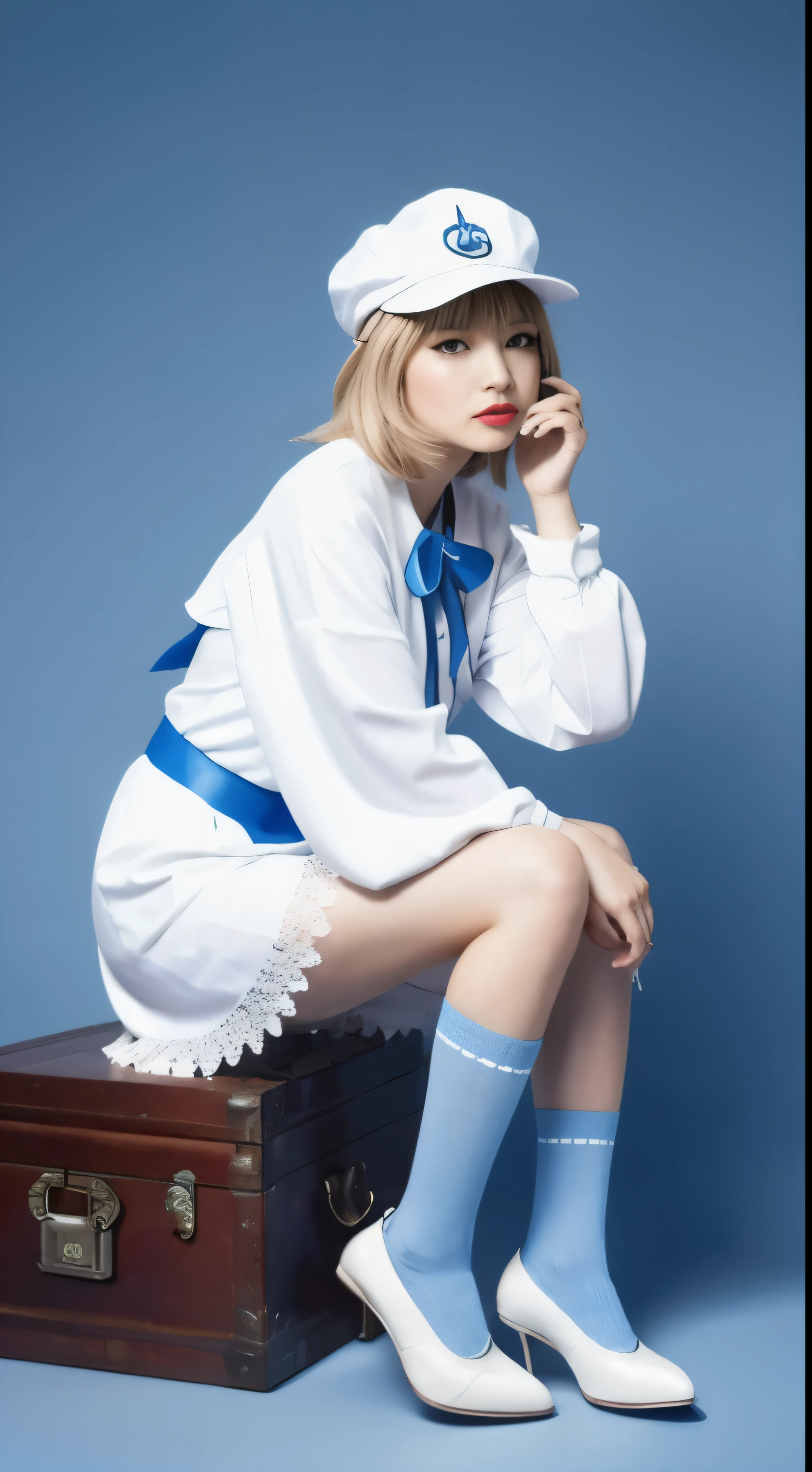 uekura, 1girl, blonde hair, white background, hat, dress, blue footwear, wings, simple background, signature, flower, nail polish, wide sleeves, long sleeves, blush, animal, white flower, solo, full body, bird, looking at viewer, high heels, hand on own cheek, hand on own face, frills, bow, bangs, ribbon, bell, blue headwear, +_+, socks, short hair, grey eyes, shoes, blue nails, feathered wings, blue bow