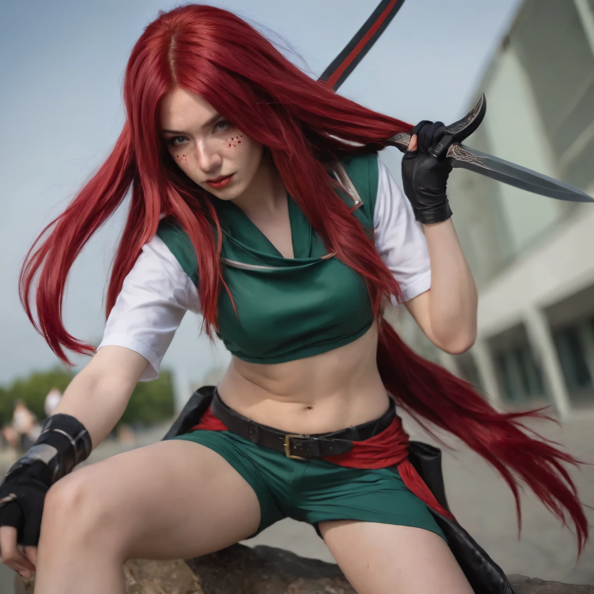 (there is a girl (best quality), ((detailed)),(masterpiece), ((perfect face, young 18 years old skinny girl, skinny legs, skinny thighs, skinny waist,)), ((red hair), green eyes,long wavy red hair, freckles, make up, red lips, laughing) , ((Akali cosplay)), knife, kunai, bandana on face, wear loose pants,