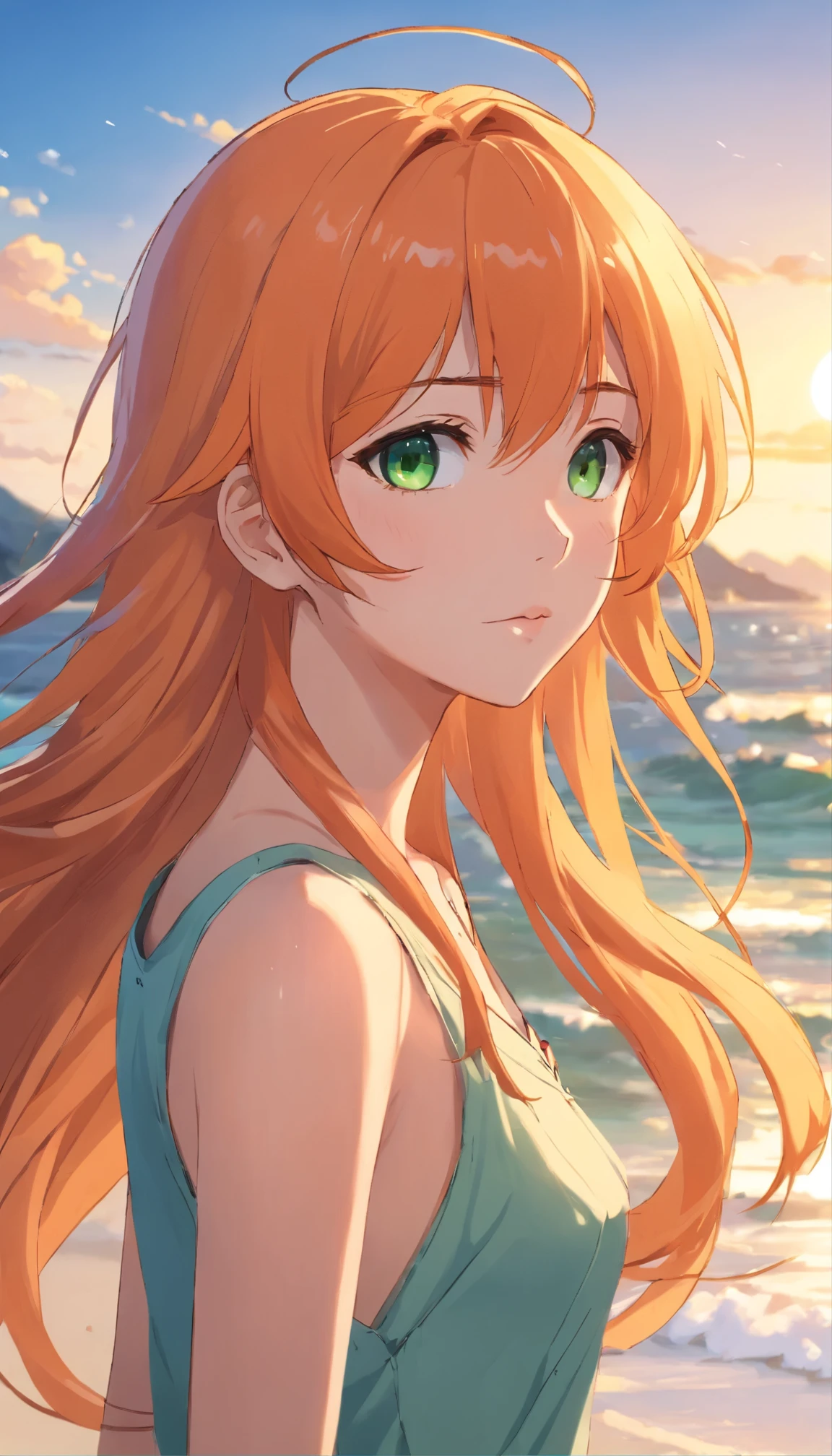 Anime girl with long orange hair, standing on the beach near the ocean, green eyes detailed digital anime art, Anime girl with long hair, гладкое аниме cg art, Anime girl with long hair, digital anime art, work in Guweiz style, Beautiful anime portrait, Photorealistic render of an anime girl, Beautiful anime girl, advanced digital anime art, guweiz на artstation pixiv HD UHD HQ