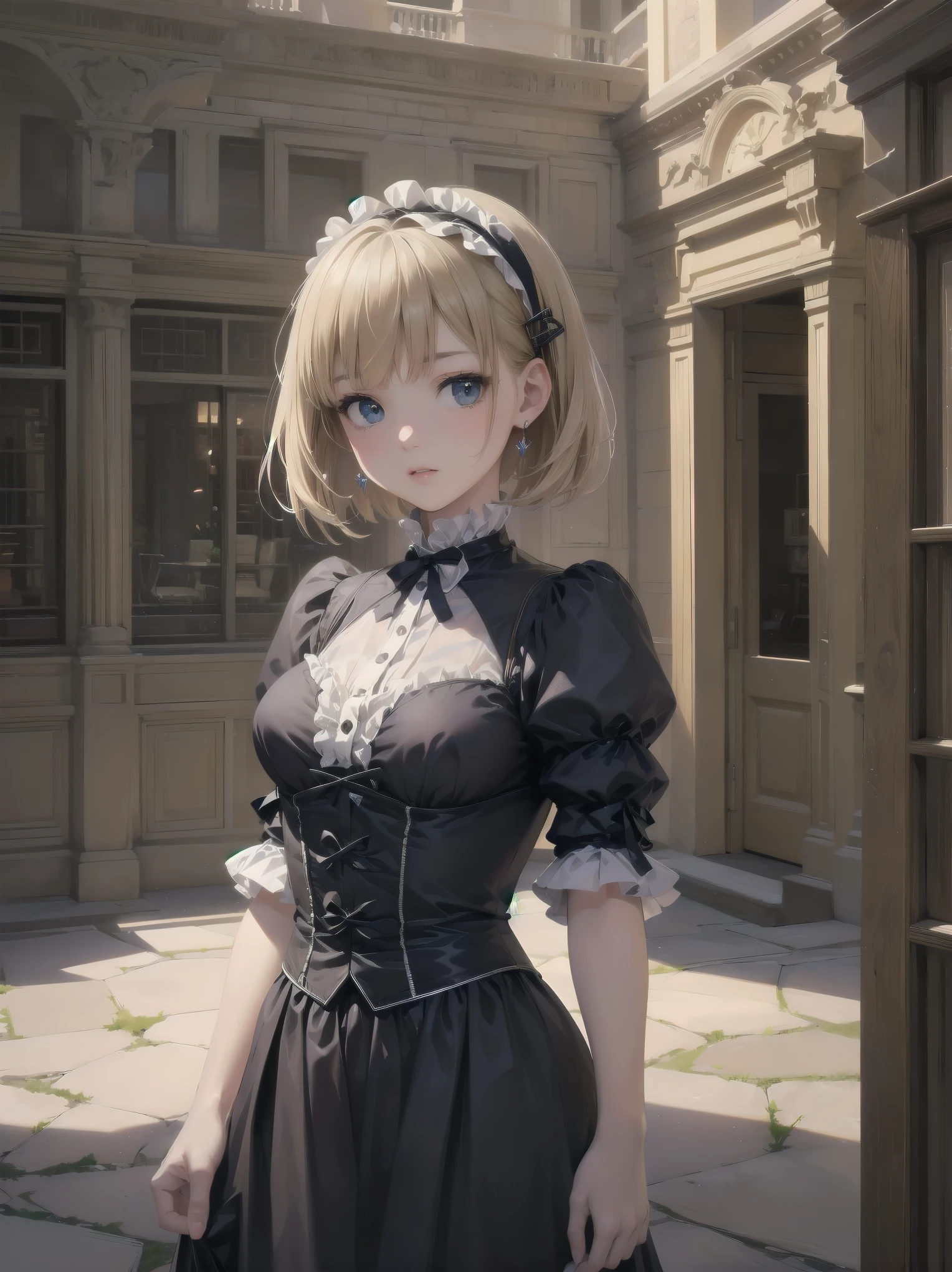 (highest quality、16K、masterpiece、ultra high resolution、Victorian era、Photoreal:1.2)、cowboy shot、One length bob cut braided hair clip with front drop、brand uniform　cute、clear、 Tsundere、heroine attributes
