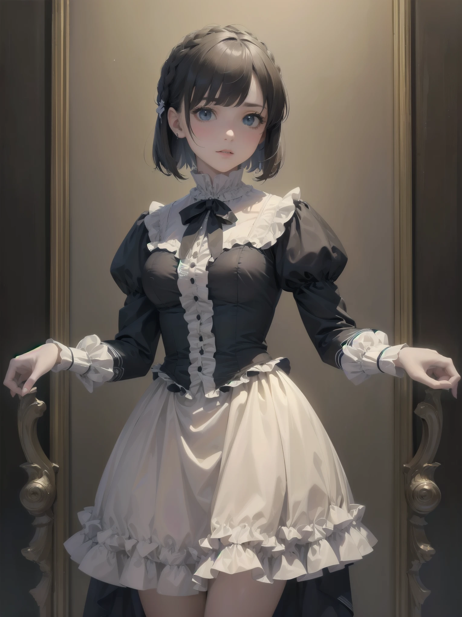 (highest quality、16K、masterpiece、ultra high resolution、Victorian era、Photoreal:1.2)、cowboy shot、One length bob cut braided hair clip with front drop、brand uniform　cute、clear、 Tsundere、heroine attributes
