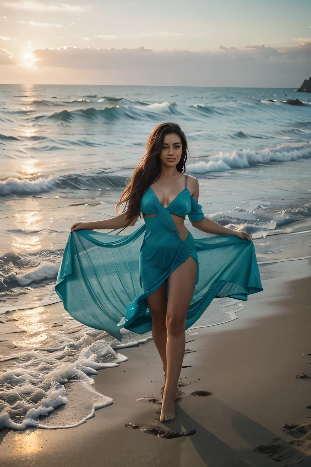 (((Chara Sophia))) 1Girl 18 years old, only, long messy hair, bangs, midsize , brunette hair, fullbody, realistic lips girl, sexy saree choli, sea, surfboard, beach, waves, sunset, vibrant colors, detailed textures, high resolution, professional photography