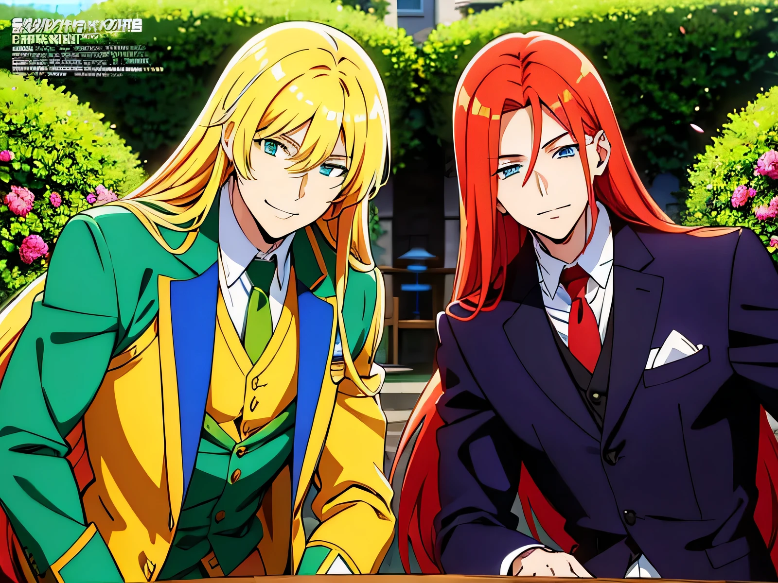 Anime High saturation and colorful Style: Two handsome, smiling, sexy men, both with long hair, tall, appear to be 18 years old, with muscular bodies and wearing suits. One is blonde (blue eyes), one is redhead (green eyes). In a beautiful garden. The wind blows through her long hair.