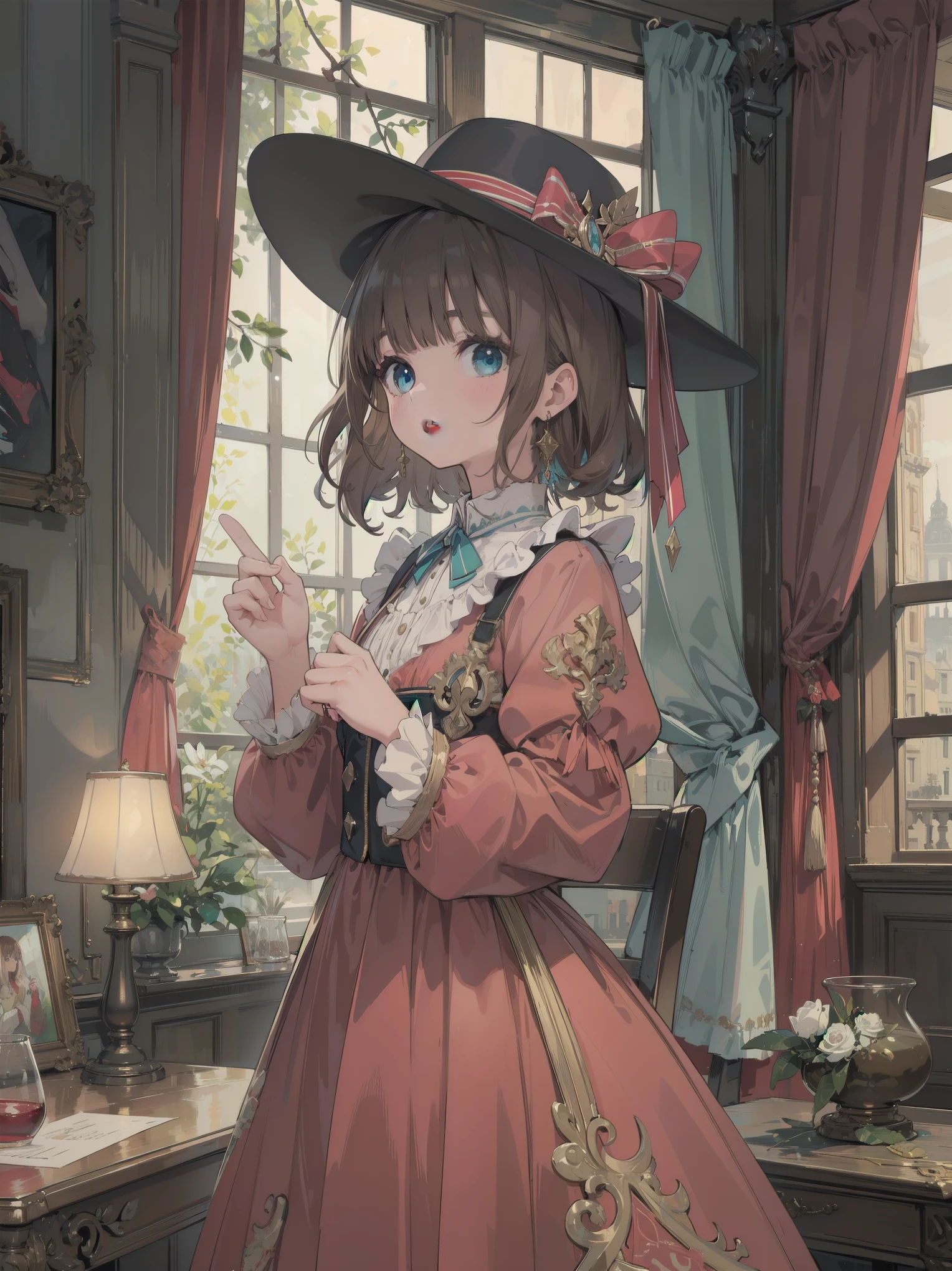Anime girl in a pink dress and hat standing in front of a window ...