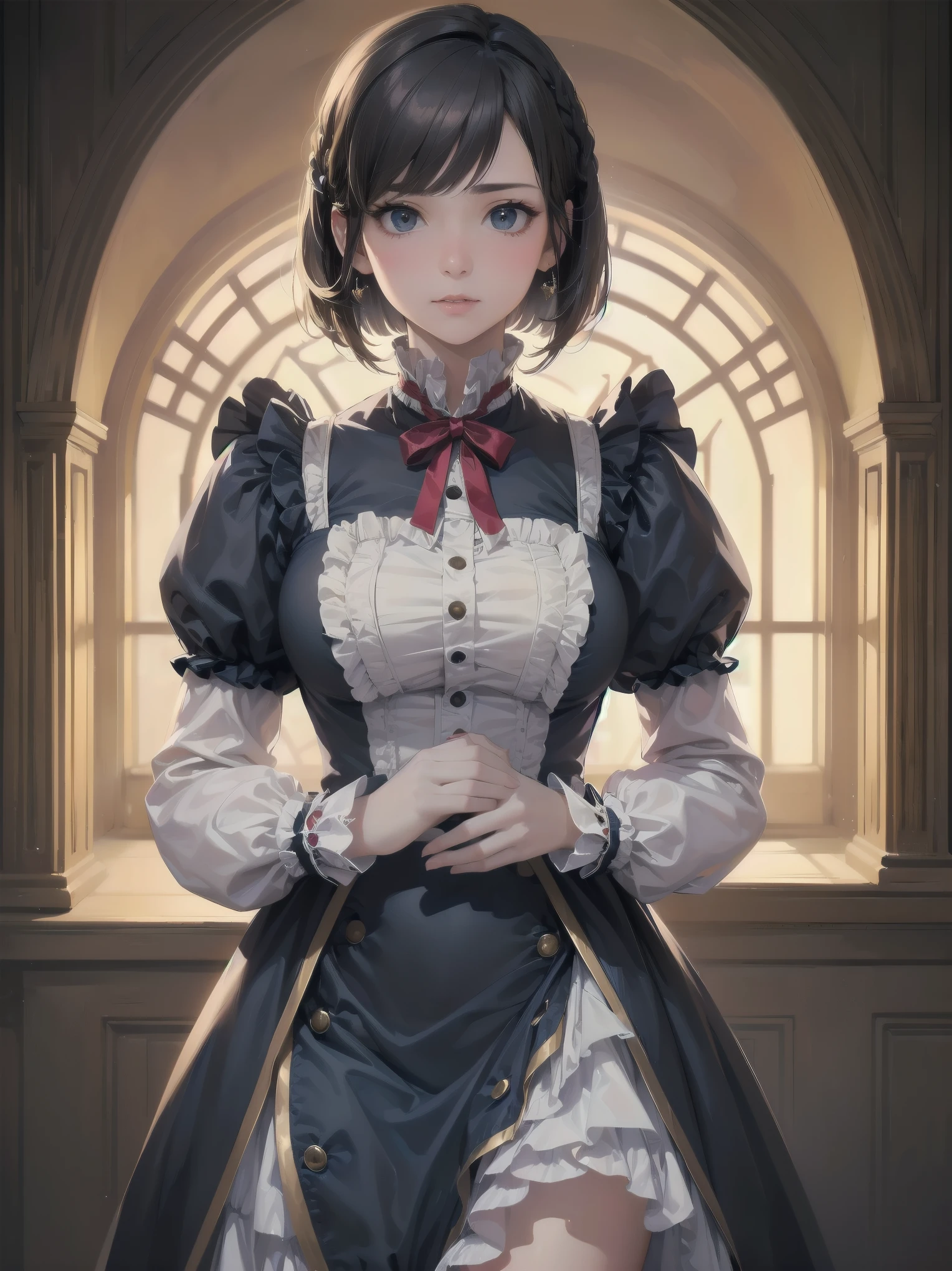 (highest quality、16K、masterpiece、ultra high resolution、Victorian era、Photoreal:1.2)、cowboy shot、One length bob cut braided hair clip with front drop、brand uniform cute、clear、 Tsundere、heroine attributes