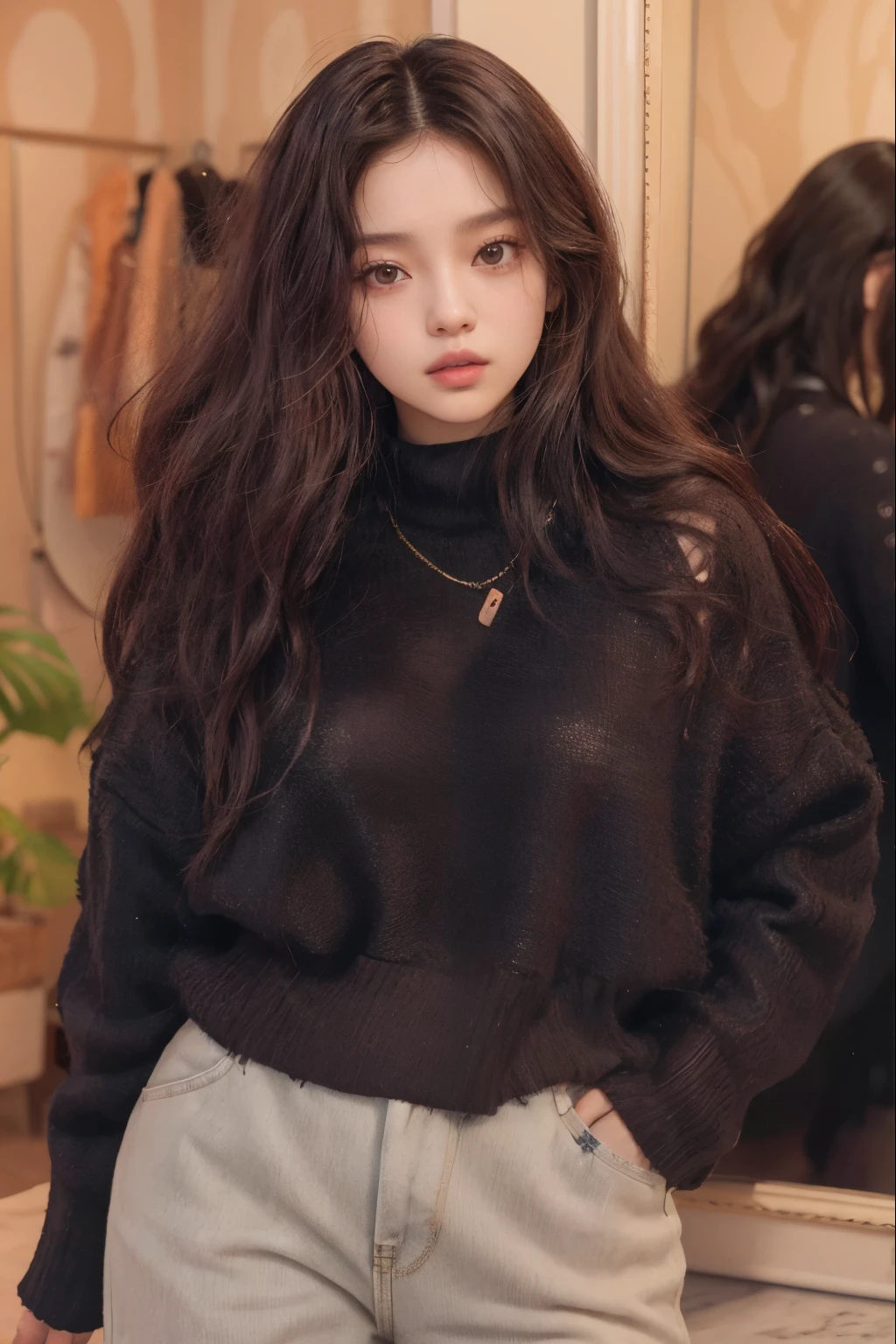 arafed woman com cabelo comprido and a black sweater posing in front of a mirror, portrait of jossi do blackpink, jennie blackpink, Ulzzang, jossi do blackpink, retrato de jisoo blackpink, bae suzy, Jinyoung Shin, varredura de alta qualidade, fair and pale skin!!, Sun Yunjoo, Jisoo do Blackpink, com cabelo comprido, estacionar a partir de-min, magazine scanning