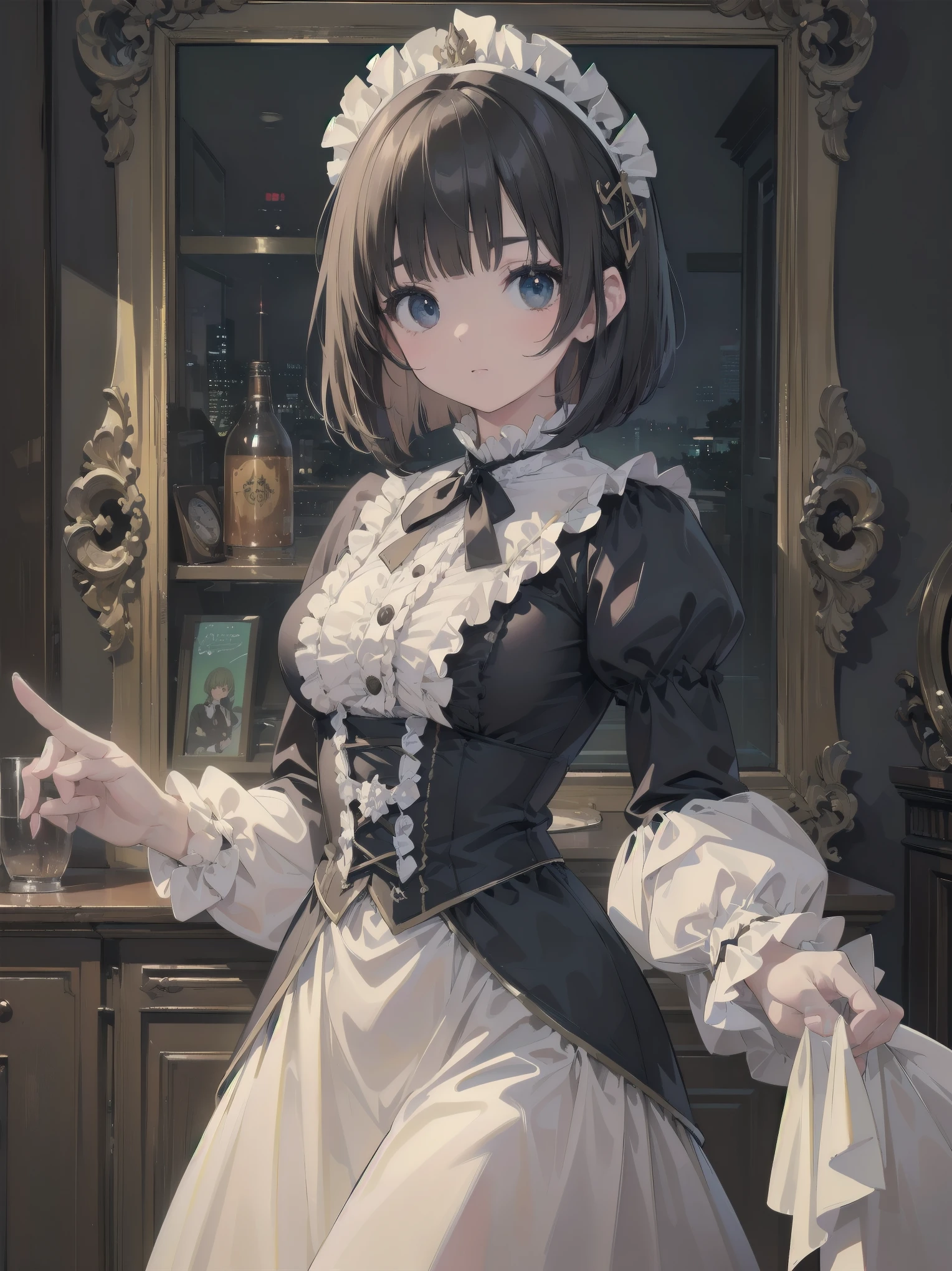 (highest quality、16K、masterpiece、ultra high resolution、Victorian era、Photoreal:1.2)、cowboy shot、One length bob cut braided hair clip with front drop、brand uniform　cute、clear、 Tsundere、heroine attributes
