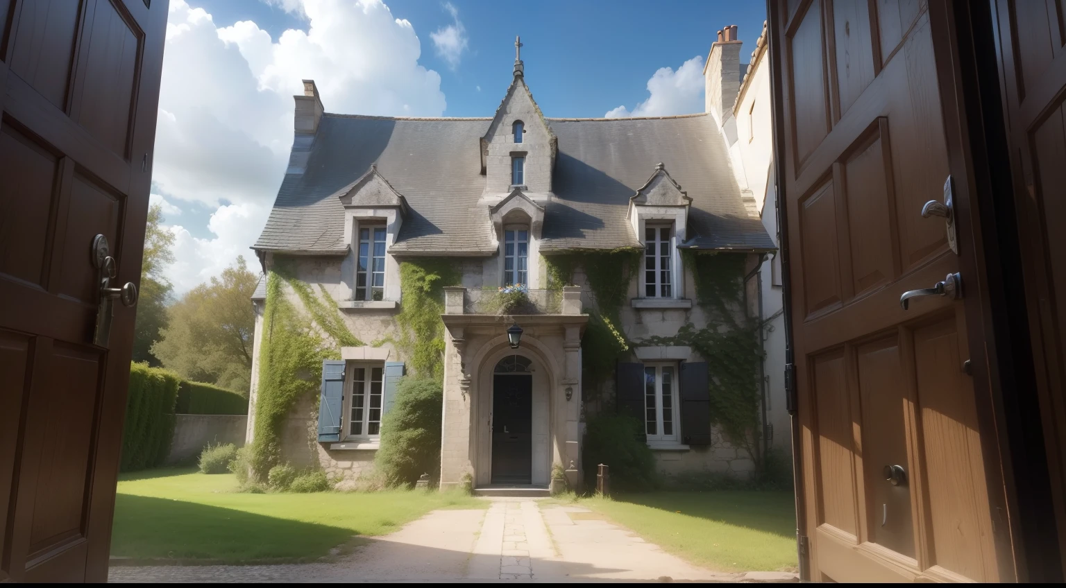 Maison hante avec une grande porte, (lock with a ghost head)