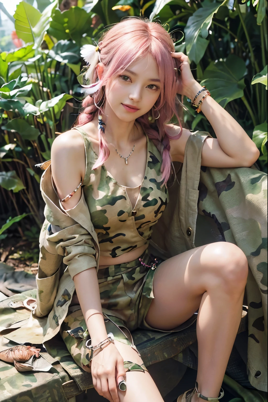 (8K, top-quality, masterpiece:1.2), (realistic, photorealistic:1.37), (super detail), (one girl), (highly detailed), (beautifully detailed eyes), (of the highest quality), (super detailed), (masterpiece), (detailed face), (20yr old), (pink hair, long hair), (medium breasts), (clothed), (perfect lighting), BRAKE (jungle theme:1.2), (deep greens and earth tones:1.3), (camouflage and leaf patterns:1.4), (linen and cotton materials:1.5), (matte texture:1.2), (safari jacket:1.3), (beige tank top:1.4), (leaf print wrap top:1.5), (high-waisted shorts:1.3), (relaxed fit silhouette:1.2), (handmade buttons and beads:1.4), (leather sandals:1.3), (natural bead and feather accessories:1.5), BRAKE (medium shot), (pink long wavy hair with braids and flowers), (smile:1.2), (relaxed pose with hand on tree), (lush green foliage background with sunbeams)