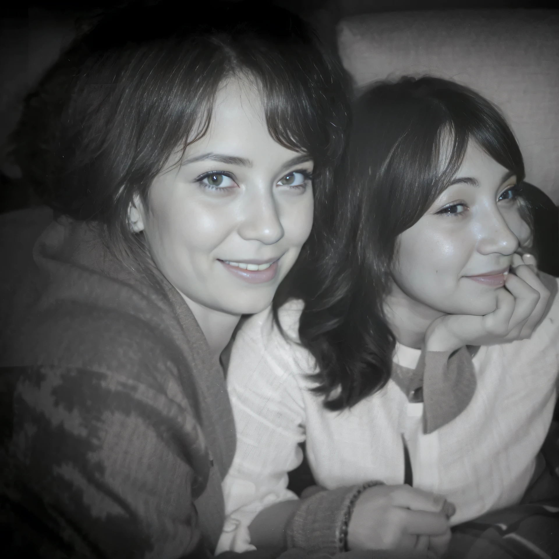picture black and white ,there are two women looking to the camera ,left woman 40 años some wrinkles in her face open mouth smiling. sitting next to each other on a couch, both looking to the camera. old picture, grainy photo,