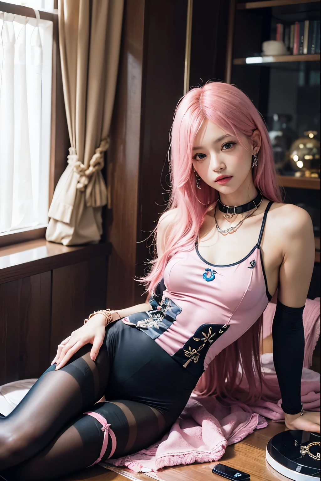 (8K, top-quality, masterpiece:1,2), (reallistic, Photorealsitic:1.37), Super Detail, One girl,), (Highly detailed), (beautifully detailed eyes), (of the highest quality), (super detailed ), (masterpiece), (Detailed face),20yr old, ,1 girl, ((pink hair,Very long hair)), medium breasts, clothed, Perfect Lighting, sensual smile, BREAK (blue gradient rubber suit:1.4, Lots of embroidery ) ,(Gloss: 1.5), (coloful tights: 1.5), fitted silhouette, waistline accentuated, (pink high heels:1.3), simple accessories, choker, bracelet, (Lots of crests:1.5), ((chain, handcuffs, collar)) BRAKE sensuous pose with slightly arched back and head tilted back, arms gracefully extended with curled fingertips, portraying a natural, against a background of a sophisticated interior space with glossy accents and bright colors. Illuminate the scene with soft pink light, gently enveloping the subject, enhancing the sensual ambiance.
