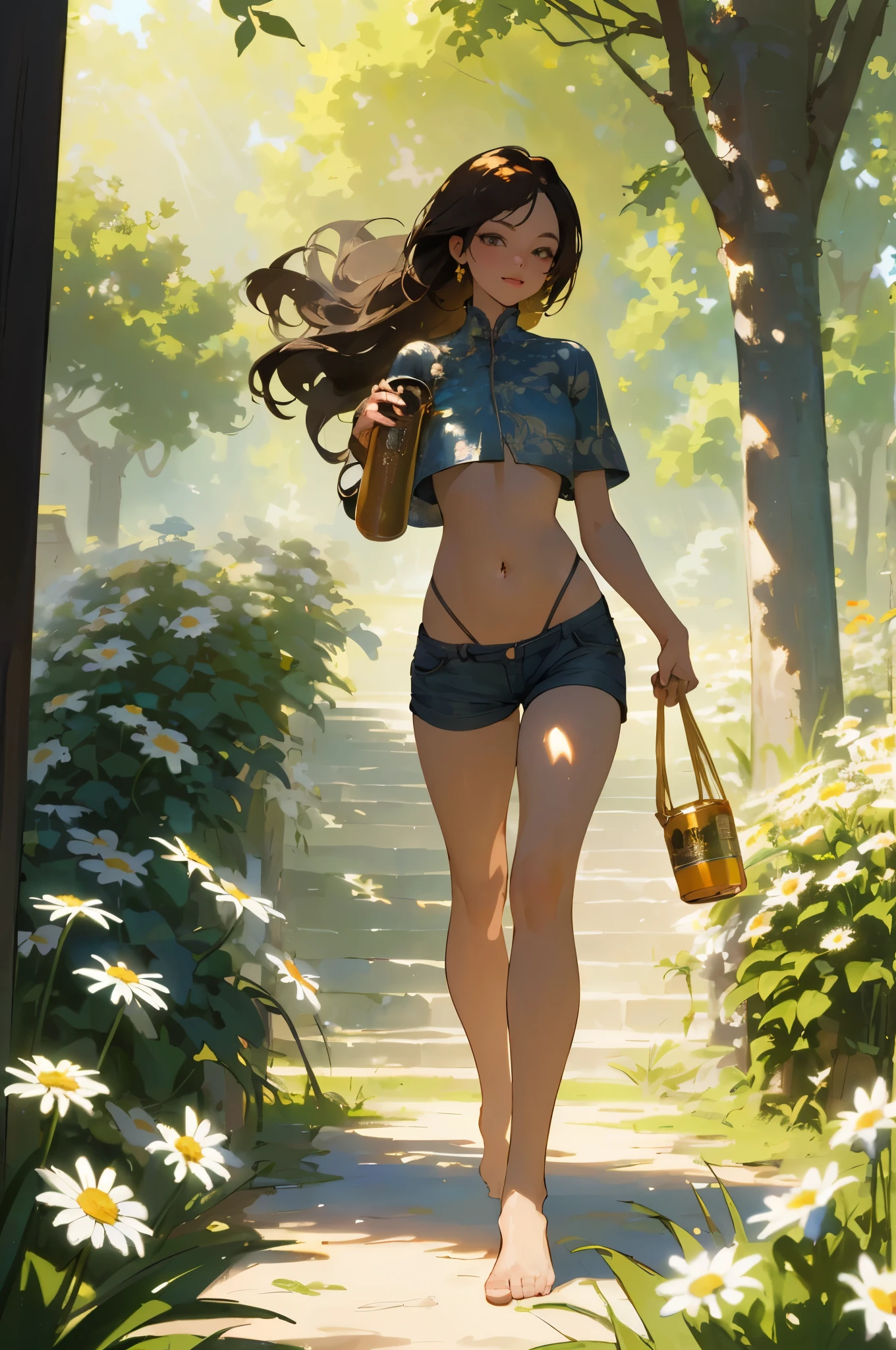 (highres,photorealistic) A girl walking in a beautiful garden, surrounded by vibrant flowers and lush greenery. She has (beautiful detailed eyes,beautiful detailed lips,extremely detailed eyes and face,longeyelashes) that capture the viewer's attention. The sunlight softly (illuminates,hits) her (flowing,lovely) (brown,blonde,black) hair, creating a (warm,golden) glow. She is wearing a top partly revealing her belly and navel. She’s also wearing short shorts. The scene (evokes,exudes) a sense of (serenity,tranquility) and (harmony,peace), inviting the viewer to immerse themselves in the beauty of nature. The garden ieticulously,diligently) landscaped with blooming roses, daisies, and tulips, adding a burst of color to the surroundings. The girl is walking towards camera stumbling drunk while holding a can of beer. The color palette consists of (soft pastels,vibrant hues), enhancing the overall (o beauty,artistic impression) of the masterpiece. The (light,dappled) sunlight (casts a warm glow,illuminates) the scene, creating a (playful,magical) interplay of light and shadows. The ultimate result is a (masterpiece:1.2) that showcases the (best quality) of (high resolution rendering) and (ultra-detailed) features, inviting the viewer to step into a world of (unmatched beauty). She’s also walking barefoot so the picture has to show the full body.