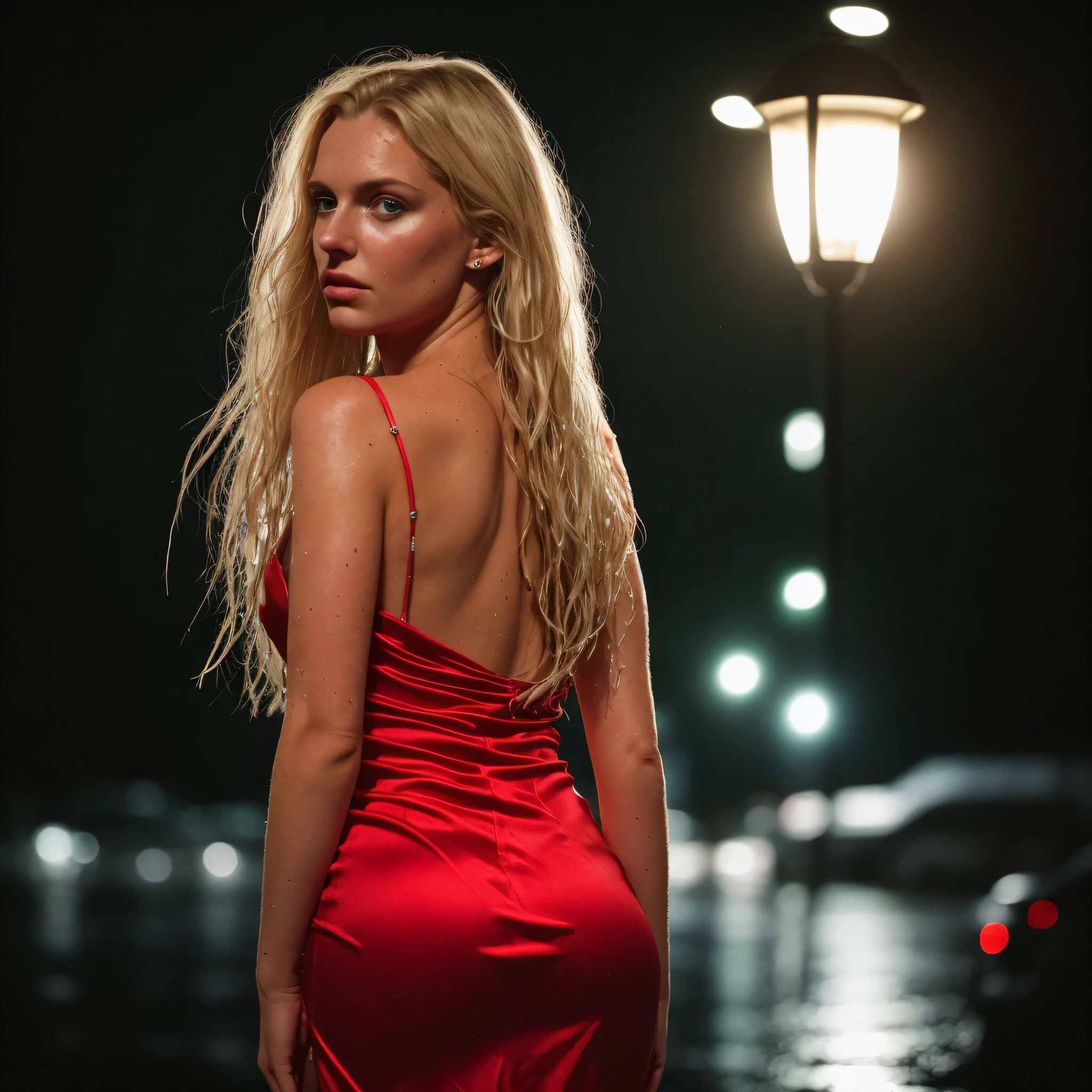 1girl,solo,long hair,blond,Rough skin,from back,face focus,(looking at viewer:1.2),wet hair,dark,polaroid,(depth_of_field:1.5),rainy days,outdoors,street,hair between eyes,moody lighting,Tyndall effect,Cinematic Lighting,night,lamppost,lens flare,available light,rim light,glowing neon lights,curvy,Red silk dress,