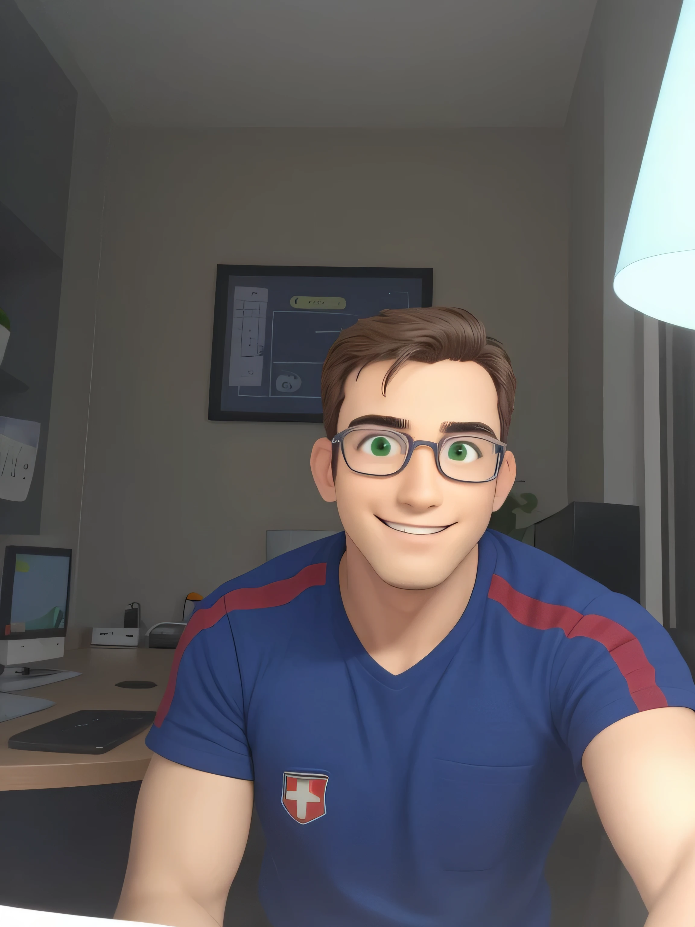 Estilo pixar, qualidade da imagem alta. Homem Branco, Forte e musculoso, Sexy, 18 anos de idade e loiro, bem loiro, wear glasses, tem olhos verdes claros, is smiling, no fundo da imagem tem uma Lan House, lines of code in programming language appear on the computer.