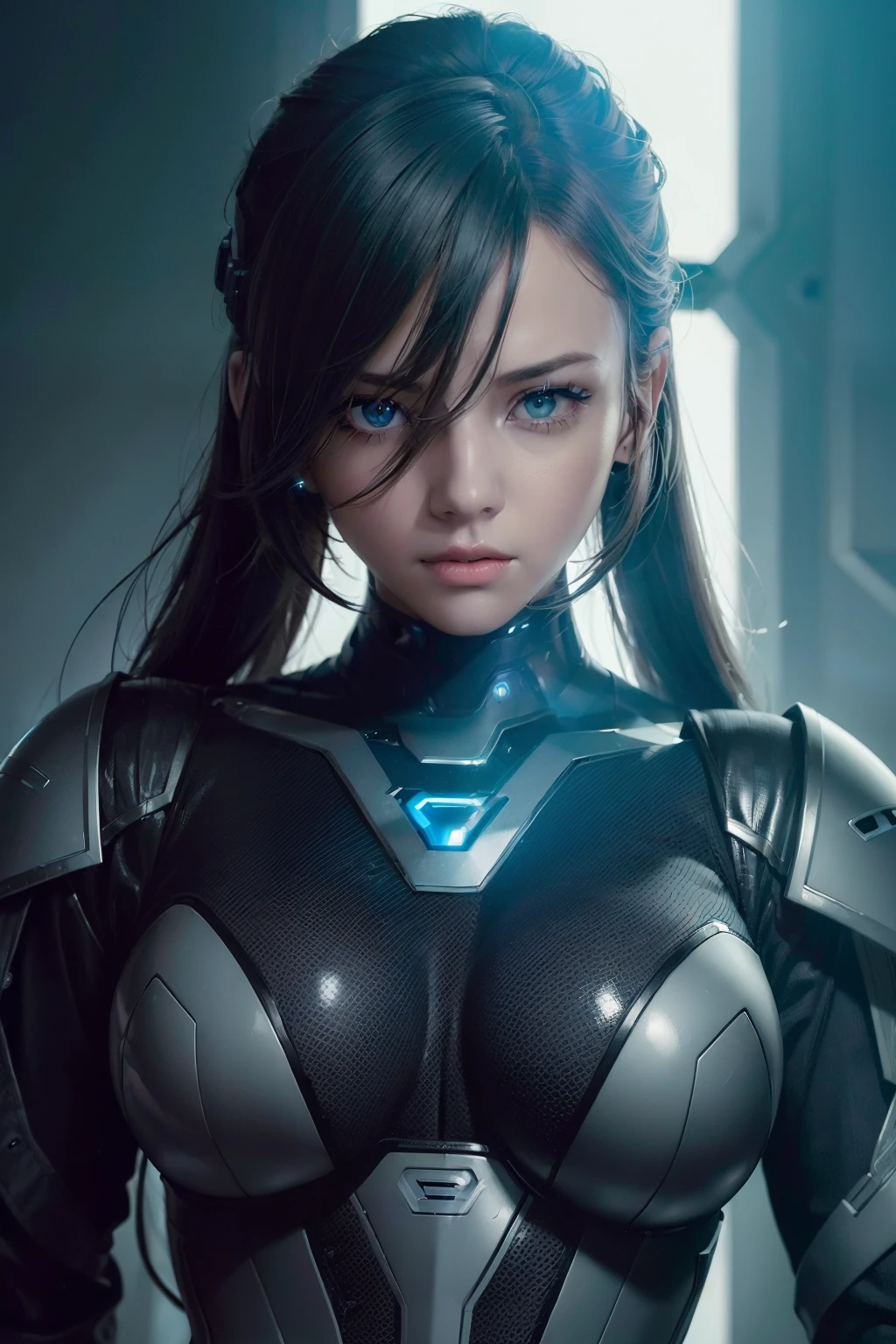 (((cybersoldier style aesthetic))) bust to waist ((half body)) ((beauty shape)) perfect skin, hyperrealistic masterpiece, in extremely complex & superdetailed black and white plugsuit, cinematic illumination: 8k, symmetrical eyes, realistic, sharp focus, HD, highly detailed, intricate, photography, hyperrealism, hyperrealistic, film, studio portrait, detailed, dramatic lighting, (((holding two guns)))
