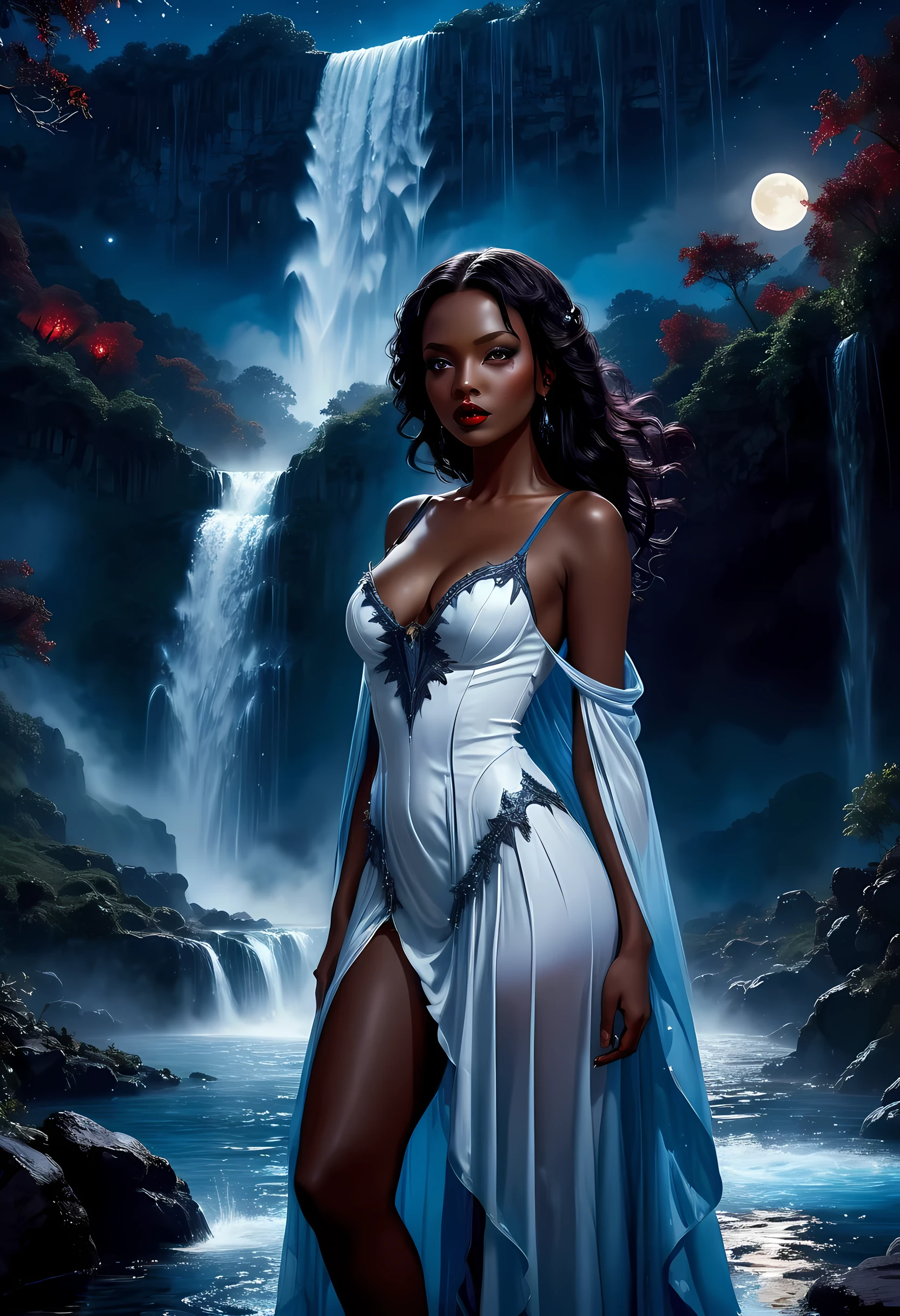 a picture of an exquisite beautiful female vampire standing under the starry night sky at the base of the waterfall, dynamic angle (ultra detailed, Masterpiece, best quality), ultra feminine, (black skin: 1.3), black hair, wavy hair, dynamic eyes color, cold eyes, glowing eyes, intense eyes, dark red lips, [fangs], wearing white dress (ultra detailed, Masterpiece, best quality), wearing blue cloak (ultra detailed, Masterpiece, best quality), long cloak, flowing cloak (ultra detailed, Masterpiece, best quality), wearing high heeled boots,  water coming down from a mountain, multi level water falls, several pools created in different levels, forming new waterfalls, water cascading into a pool steam rising, clear water in many hues of blue and azure falling, ultra best realistic, best details, best quality, 16k, [ultra detailed], masterpiece, best quality, (extremely detailed), ultra wide shot, photorealism, depth of field, hyper realistic painting, sky full of stars background, moon, bats flying about, high details, best quality, 8k, [ultra detailed], masterpiece, best quality, (ultra detailed), full body, ultra wide shot, photorealism, dark fantasy art, dark fantasy art, gothic art, many stars, dark fantasy art, gothic art, sense of dread, bloodmagic