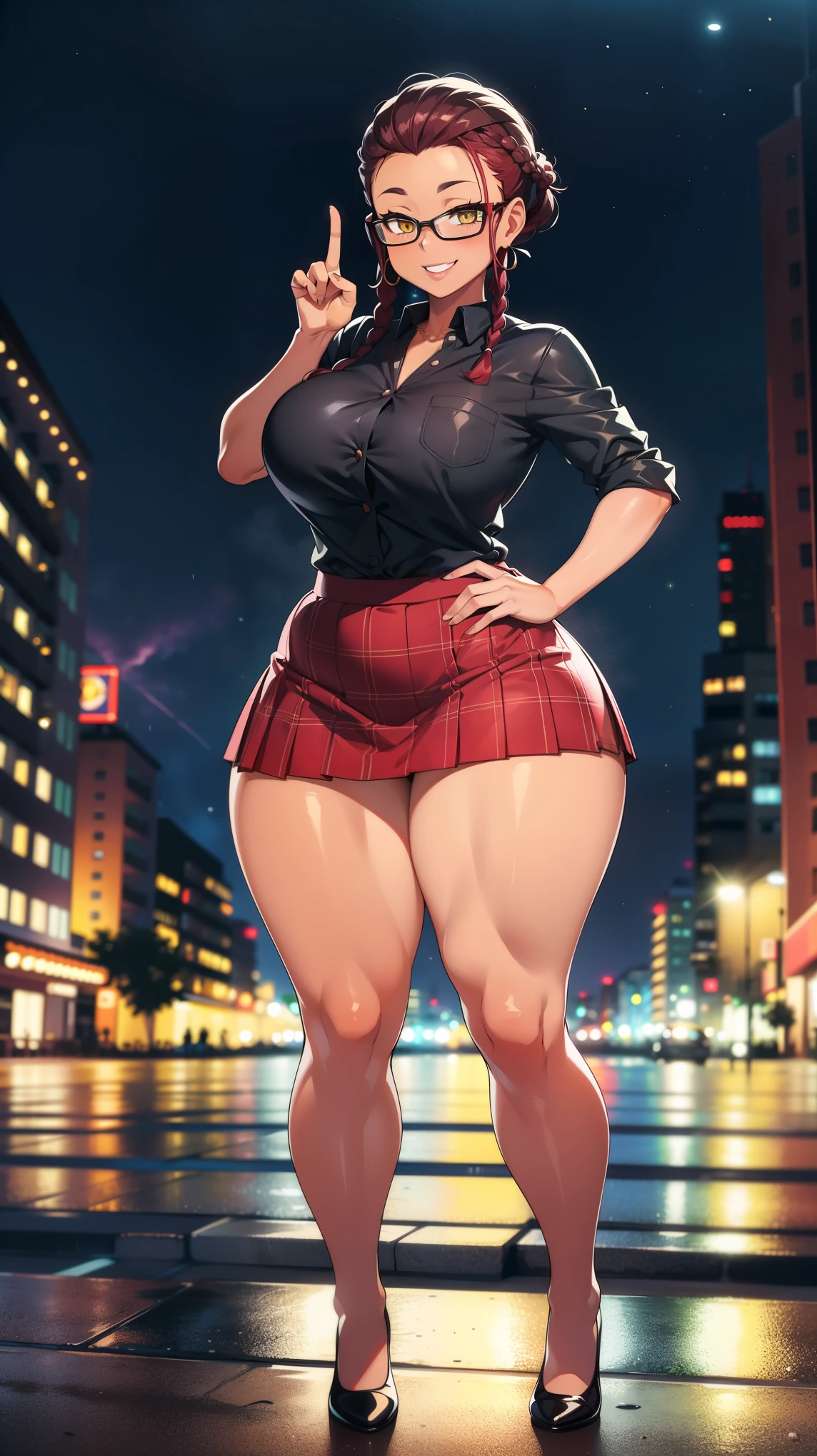 4K Quality, (1 sexy woman), ((big smile)), (cute pose), ((full body black plaid skirt)), standing up, ((black and red cornrows)), ((dark skinned)), thick thighs, big breasted, big ass, (looking at viewer), ((amber eyes)), ((night time)), full body, (city background), ((after the rain)), perfect face, perfect body, perfect eyes, full lips, (vibrant background)