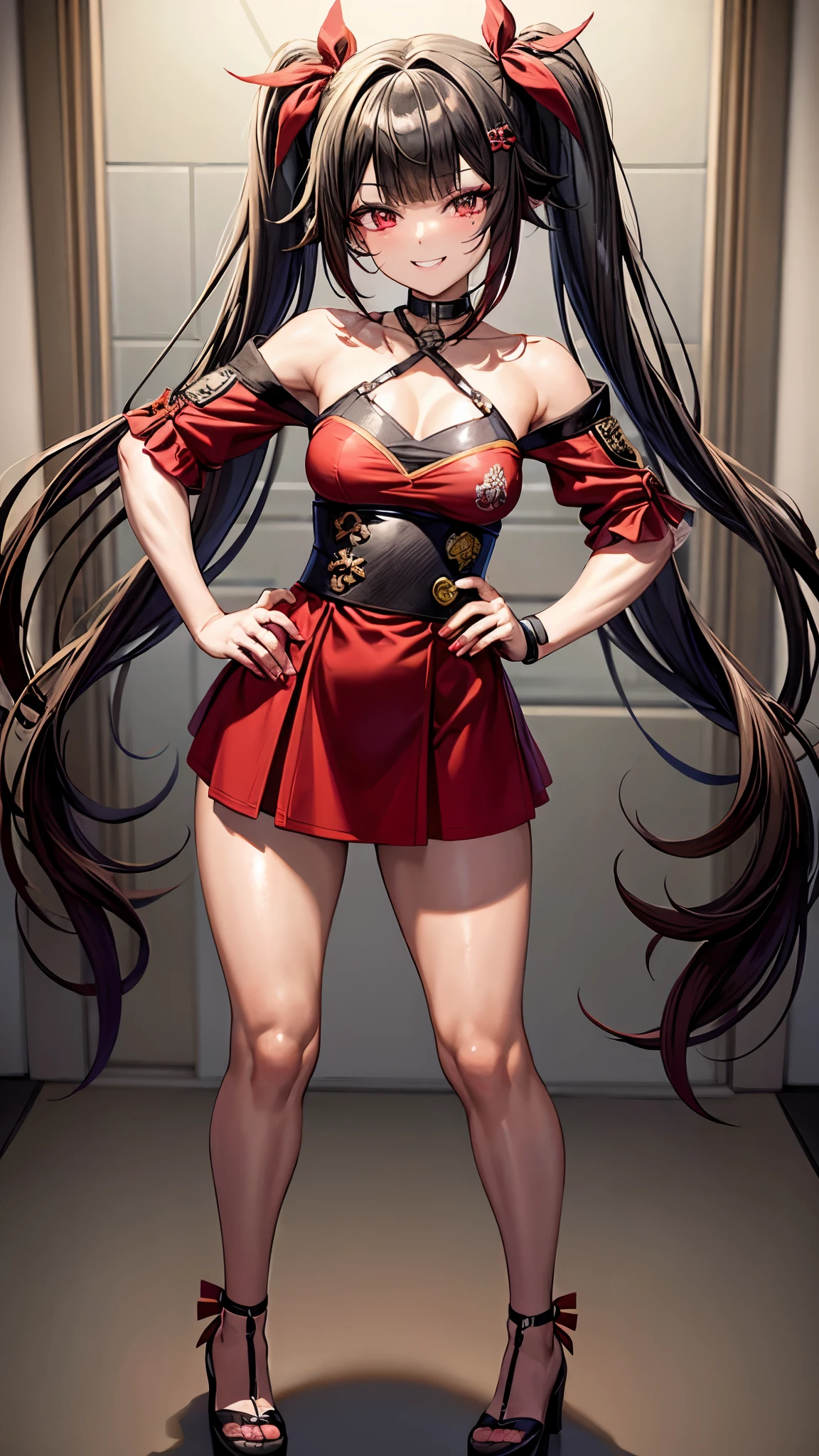 type: Digital Art style: Anime Style color: Predominantly red with black and white contrasts. main character details: Eye color: Bright crimson red, with luminous highlights. Hair color: Black with red highlights. Hairstyle: Long with twin tails, adorned with traditional red and gold hair ornaments, (((Sly and playful smile with a touch of mischief))), (sadistic), muscular legs, (beach scene), standing , full body photo, well done nails, red nails