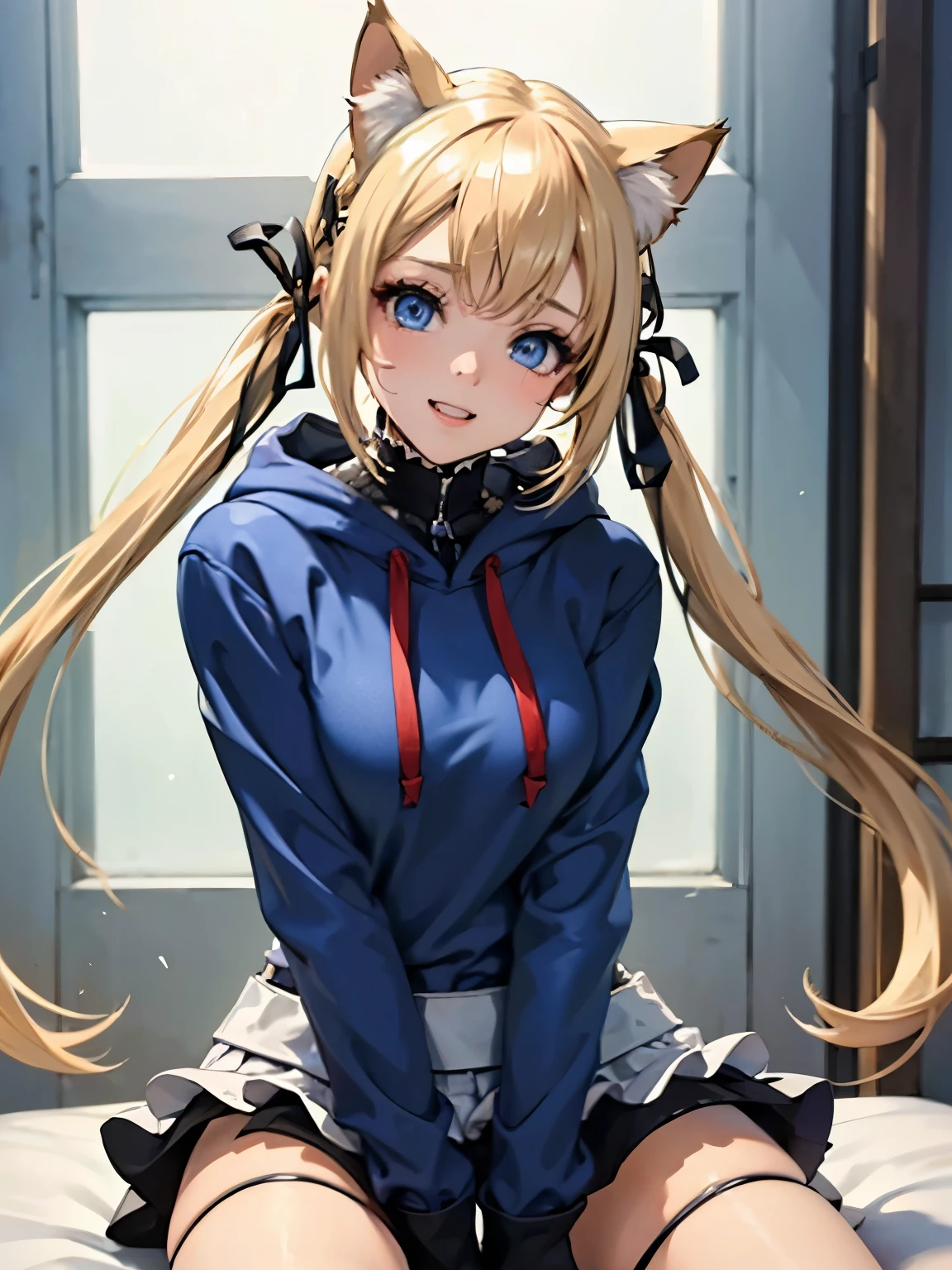 (obra de arte:1.2), (melhor qualidade:1.2), Olhos perfeitos, rosto perfeito, perfect lighting, 1girls, aroused, blonde female, blonde hair, blue eyes, blush, bottomless, cat ears, cat ears hoodie, clothed, clothed female, clothing, cute female, female focus, female on top, fit female, full lips, happy, hood, hood up, hoodie, light skin, light-skinned female, long hair, looking at viewer, looking pleasured, moaning, no panties, on bed, panting, passionate, , pussy, slim waist, smile, straddling, straight, teenage girl, teenager, twintails, wholesome, young, younger female