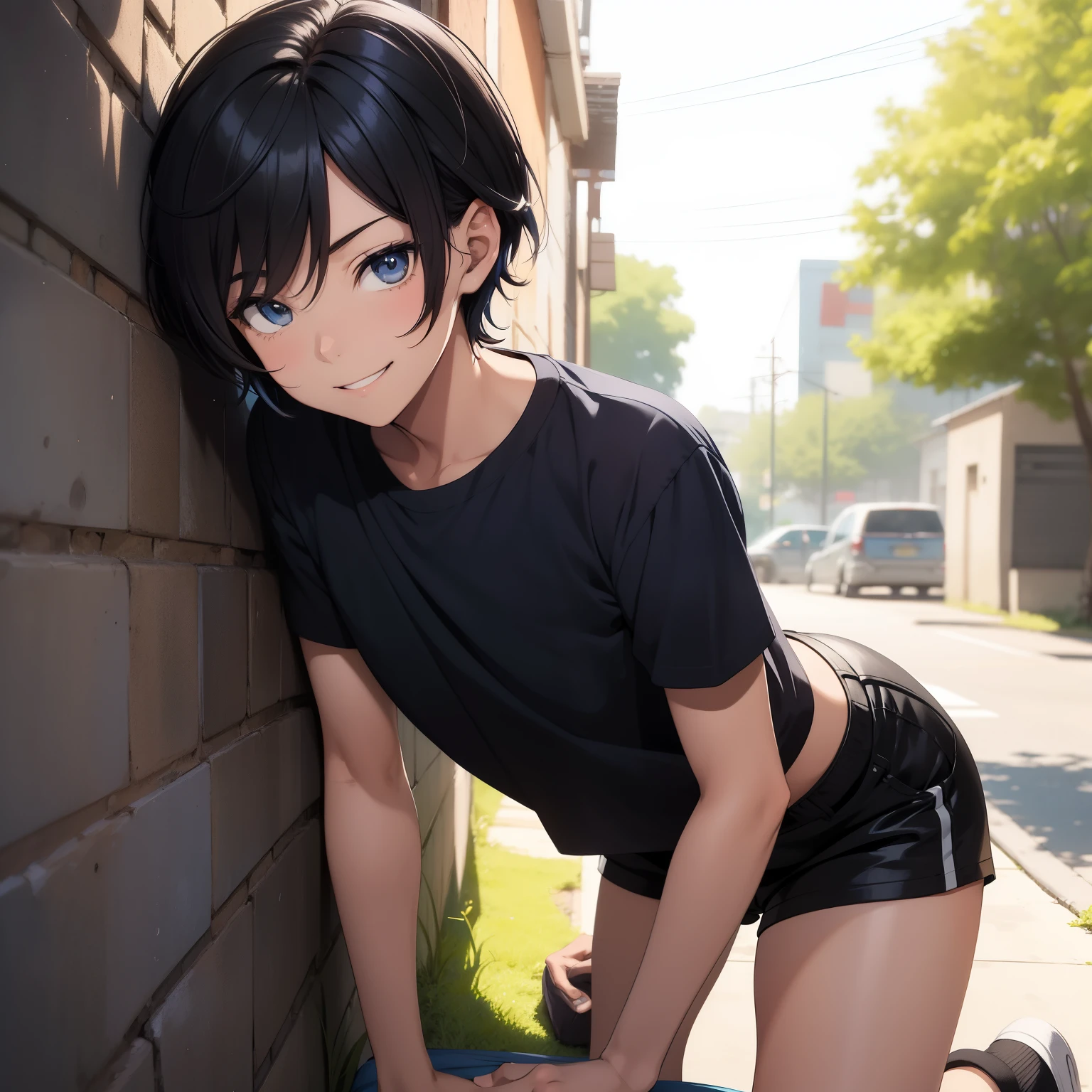 Anime-style, 2D artwork, a smiling short-haired boy in a blue short-sleeve shirt and black fitted shorts, casually leaning against a wall with his back turned to the camera, legs spread wide in a playful pose as if he was sitting on all fours, voluminous thighs, and a delightful expression on his face.