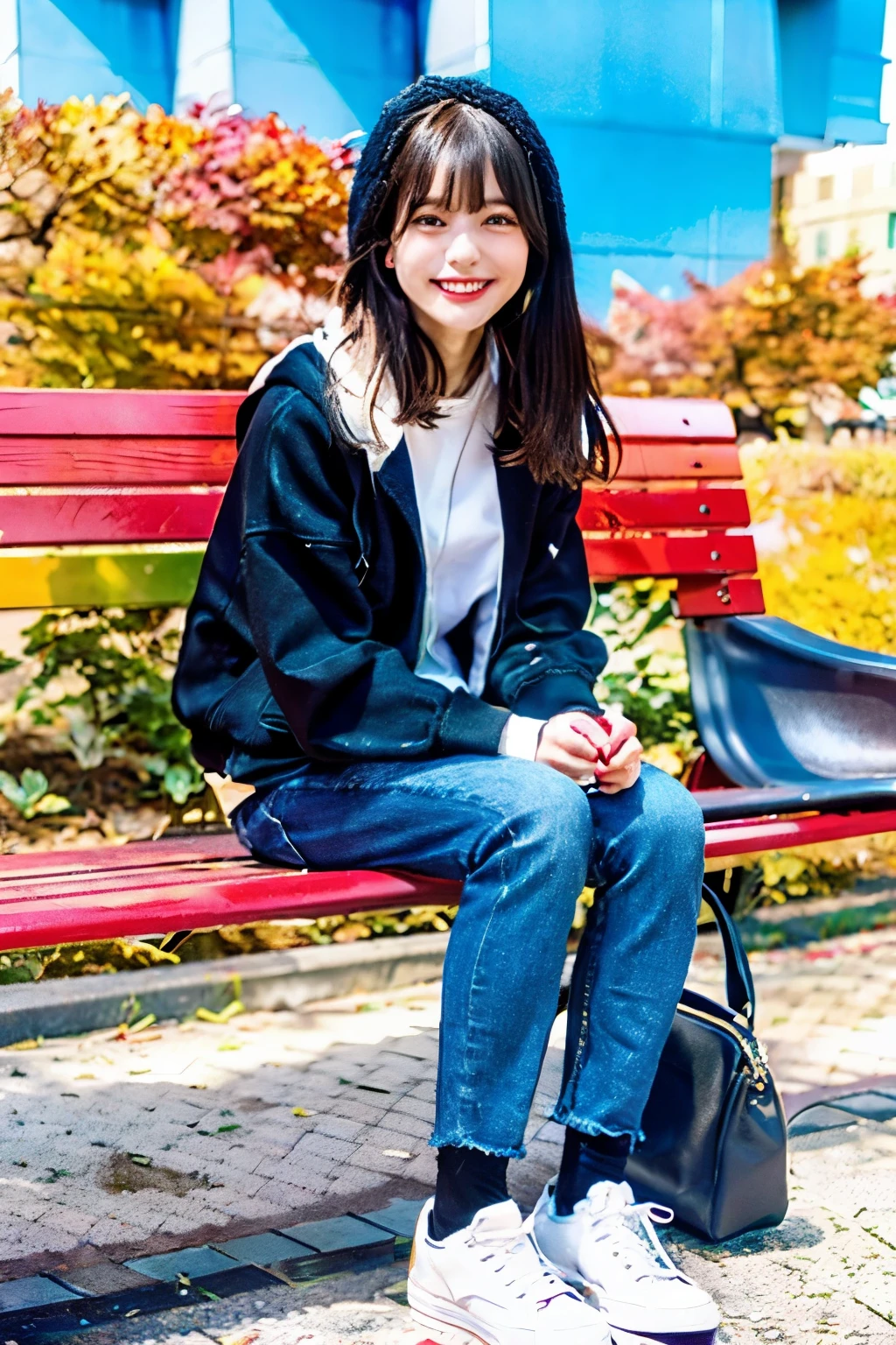 A neat and beautiful woman sitting on a park bench、black hair、hoodie、skinny denim、sneakers、socks slightly visible through shoes、refreshing smile、smiling showing teeth、full body photo、hat