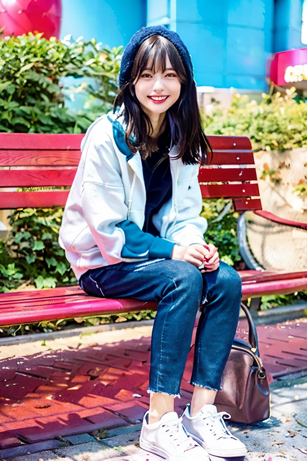 A neat and beautiful woman sitting on a park bench、black hair、hoodie、skinny denim、sneakers、socks slightly visible through shoes、refreshing smile、smiling showing teeth、full body photo、hat