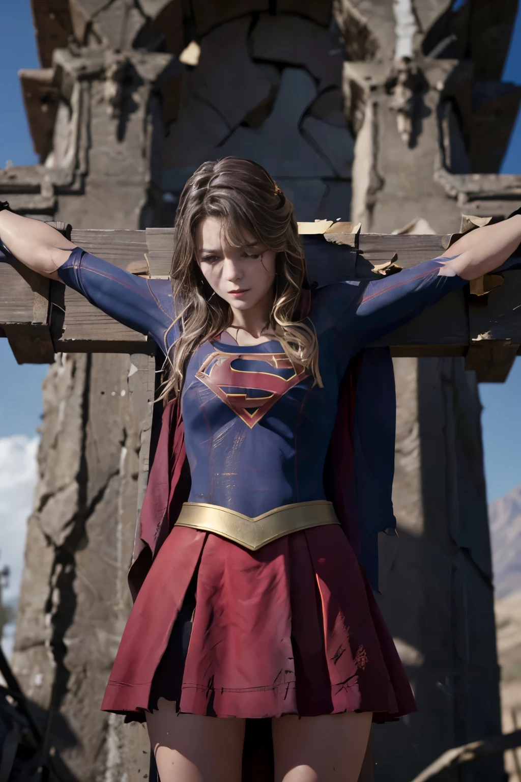 highest quality,masterpiece,UHD, Super detailed, 8K,(Beautiful woman),一人のBeautiful woman,((crucifixion)),(cross),(execution),((incontinence)),scared,torture,slave,((crossにcrucifixionにされた女性:1.5)),crucifixion刑,(supergirl),red skirt,((torn costume:1.2)),(tattered clothes),((Bruises on face and body)),Defeated heroine