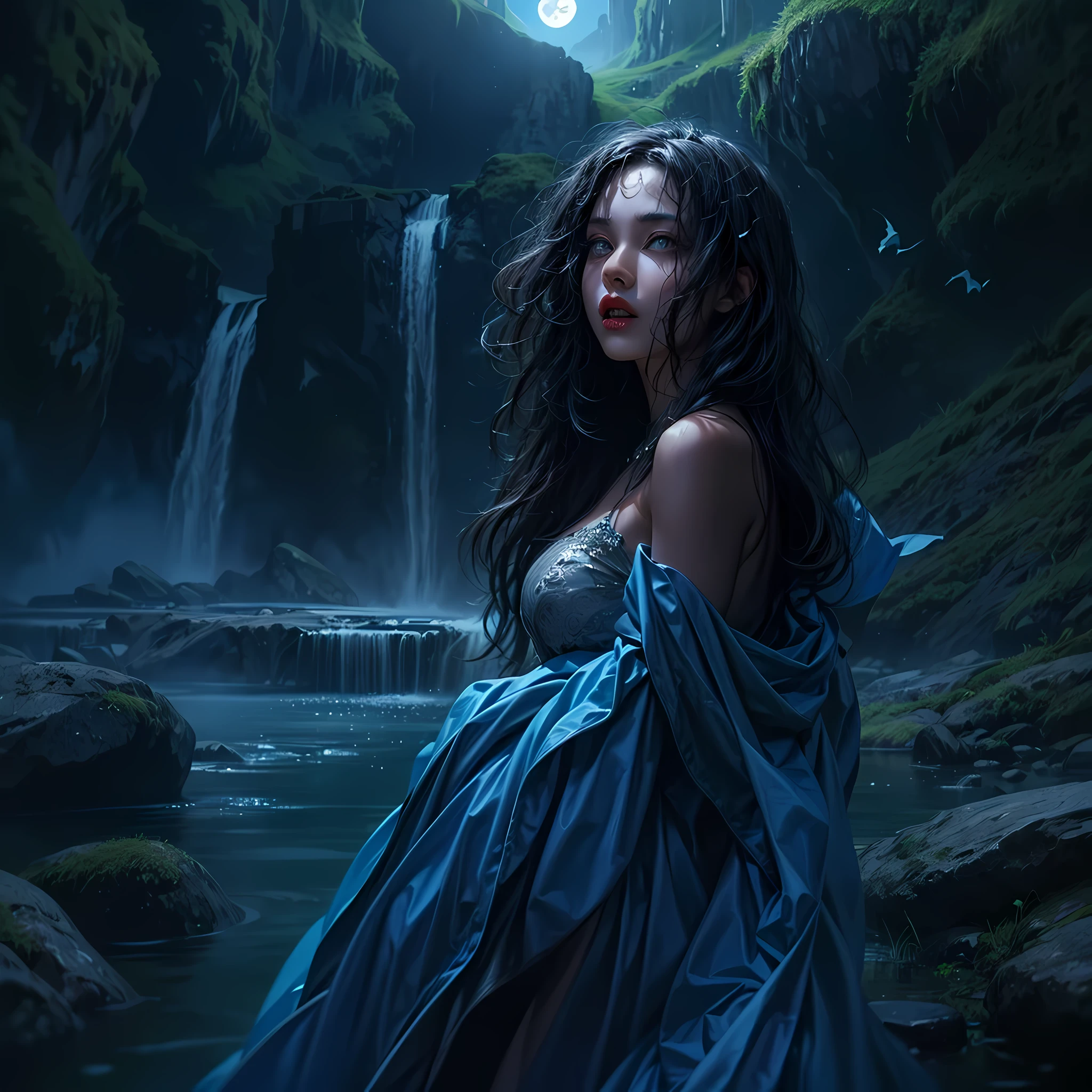 a picture of an exquisite beautiful female vampire standing under the starry night sky at the base of the waterfall, dynamic angle (ultra detailed, Masterpiece, best quality), ultra feminine, (black skin: 1.3), black hair, wavy hair, dynamic eyes color, cold eyes, glowing eyes, intense eyes, dark red lips, [fangs], wearing white dress (ultra detailed, Masterpiece, best quality), wearing blue cloak (ultra detailed, Masterpiece, best quality), long cloak, flowing cloak (ultra detailed, Masterpiece, best quality), wearing high heeled boots,  water coming down from a mountain, multi level water falls, several pools created in different levels, forming new waterfalls, water cascading into a pool steam rising, clear water in many hues of blue and azure falling, ultra best realistic, best details, best quality, 16k, [ultra detailed], masterpiece, best quality, (extremely detailed), ultra wide shot, photorealism, depth of field, hyper realistic painting, sky full of stars background, moon, bats flying about, high details, best quality, 8k, [ultra detailed], masterpiece, best quality, (ultra detailed), full body, ultra wide shot, photorealism, dark fantasy art, dark fantasy art, gothic art, many stars, dark fantasy art, gothic art, sense of dread, bloodmagic