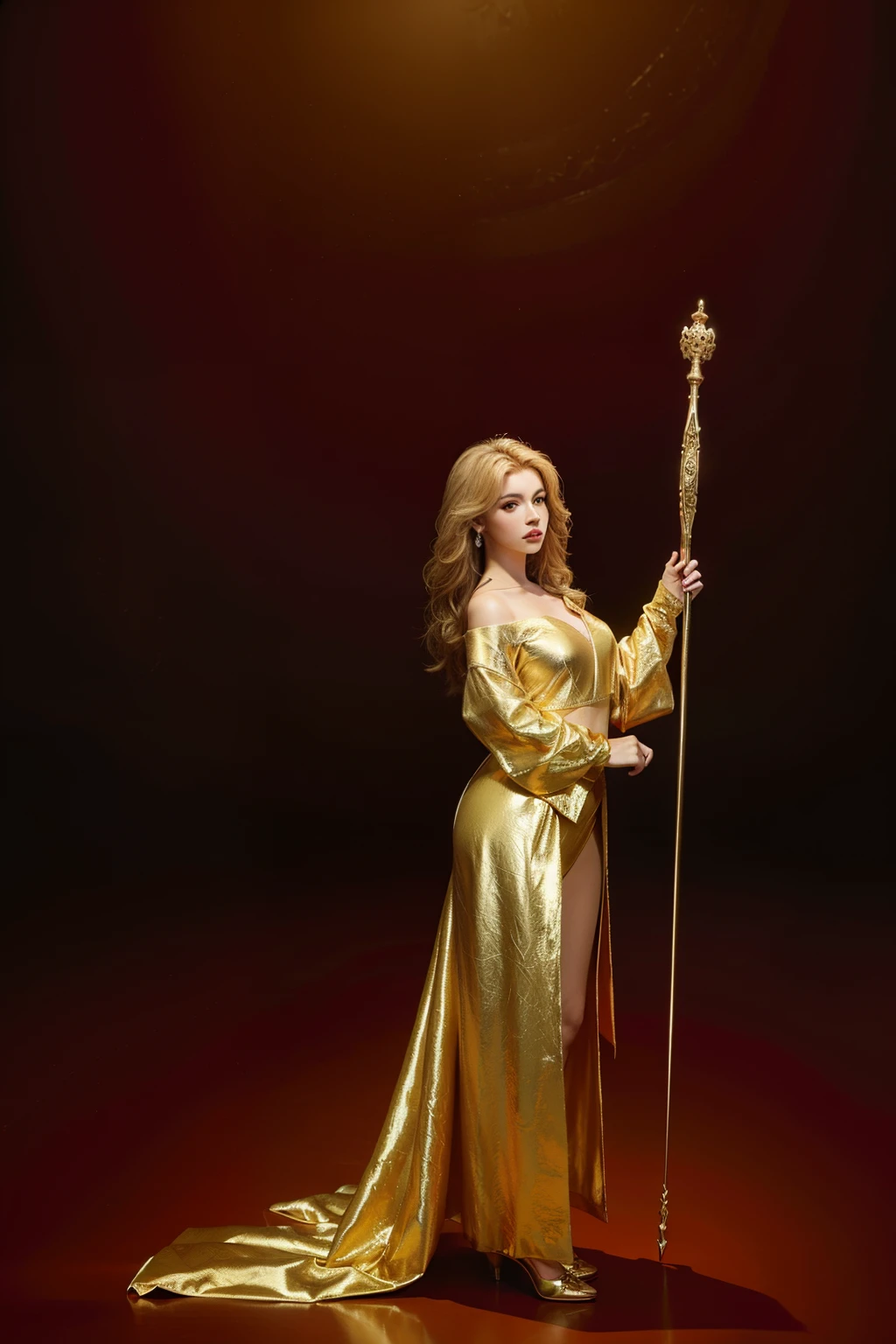 ((melhor qualidade)), ((obra de arte)), (detalhado), uma mulher vestindo roupas vermelhas de uma deusa grega com os olhos vendados, cabelos ao vento, with his right hand holding a golden sword and with his left hand holding and lifting an antique golden scale, the woman is on top of a golden lion, the lion is in a sideways position and walking, the background is maple red.