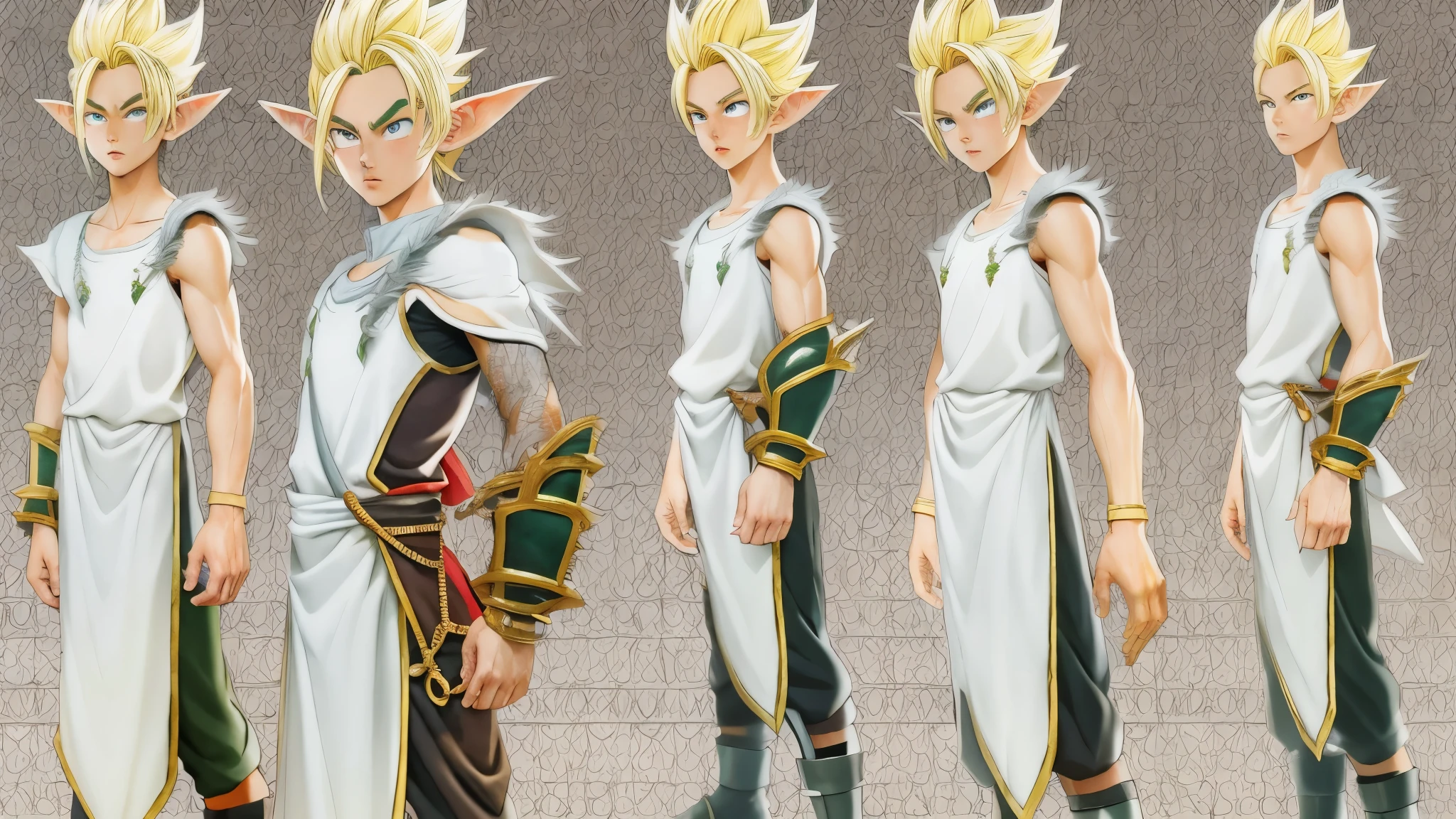 (master piece), 8k, best quality, elf boy, childlike appearance, male, teenager, , 1.70 meters tall, white skin, thin body, pointed elf ears, beautiful finely detailed silver eyes , high forehead, spiky yellow blonde hair like Gohan from the anime dragon ball (super sayajin), Round face, Incredibly handsome, conservative elven clothing, fighting, throwing salt stones at enemies,