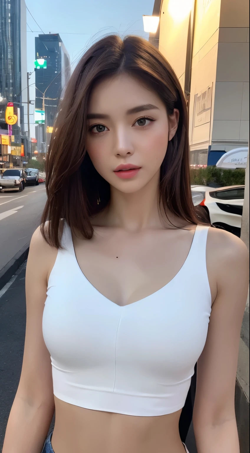 ((realistic lighting, highest quality, 8k, masterpiece: 1.3)), clear focus: 1.2, 1 girl, perfect figure: 1.4, slim abs: 1.1, ((dark brown hair)), (white crop top: 1.4), (outdoors, night: 1.1), cityscape, super detailed face, fine eyes, double eyelid,