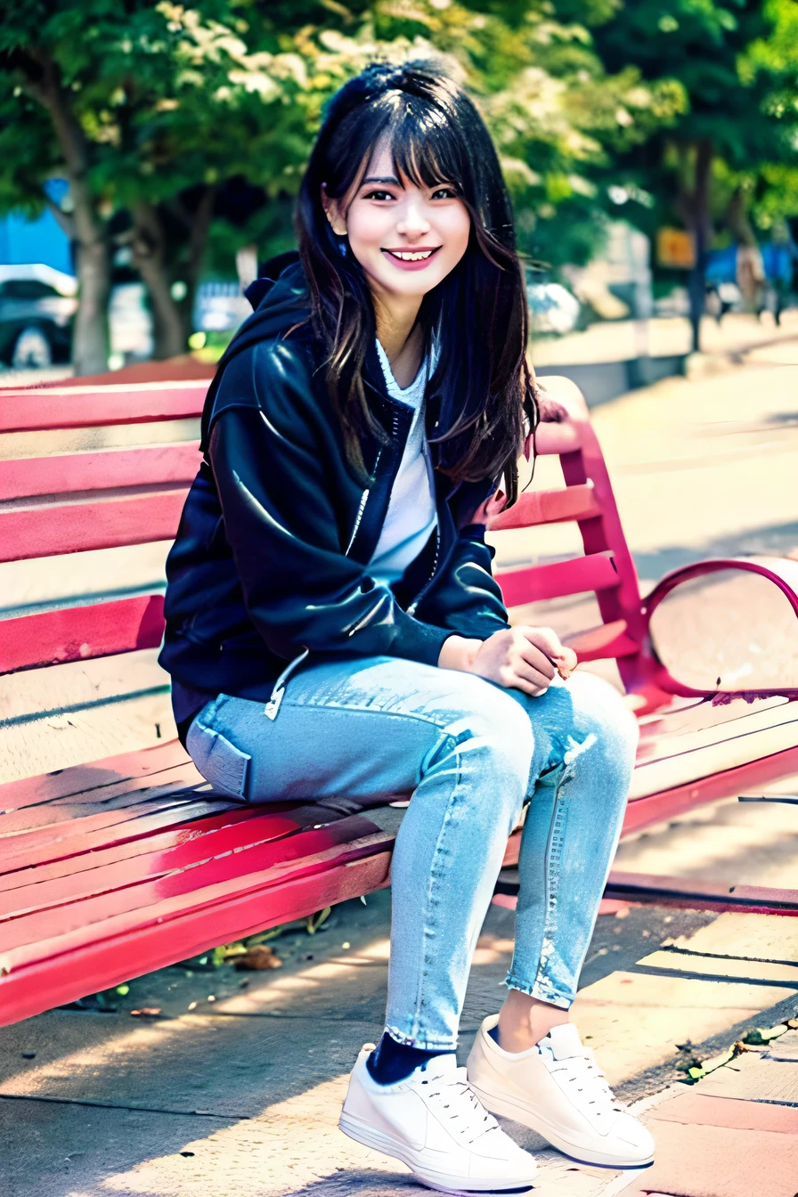 A neat and beautiful woman sitting on a park bench、black hair、hoodie、skinny denim、sneakers、socks slightly visible through shoes、refreshing smile、smiling showing teeth、full body photo、hat