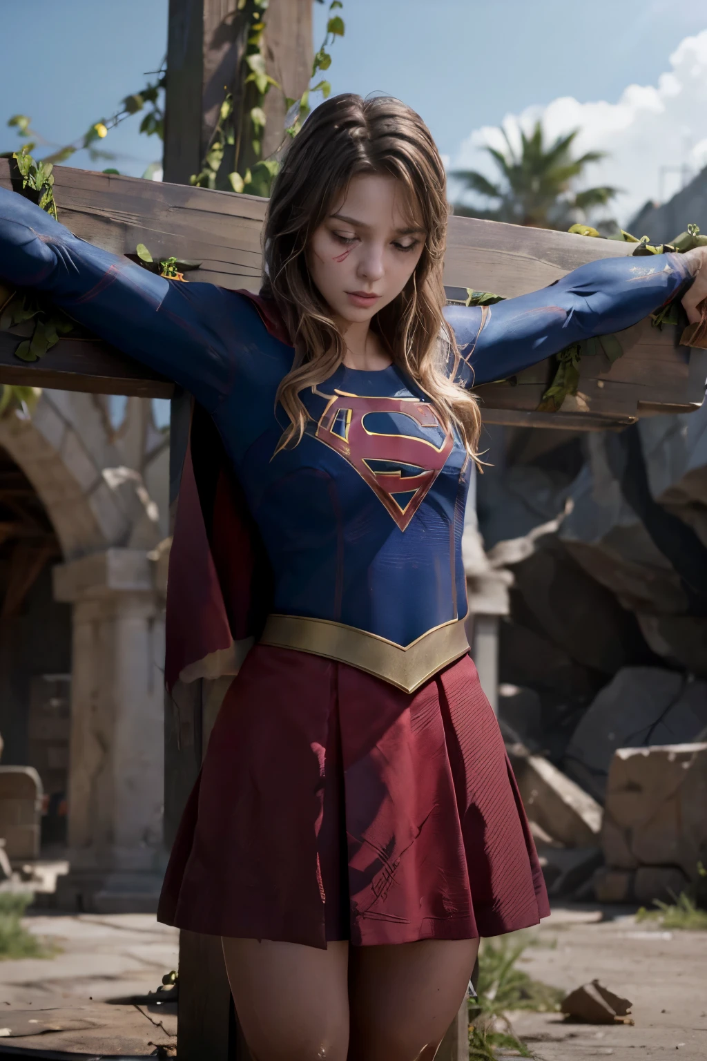 highest quality,masterpiece,UHD, Super detailed, 8K,(Beautiful woman),一人のBeautiful woman,((crucifixion)),(cross),(execution),((incontinence)),scared,torture,slave,((crossにcrucifixionにされた女性:1.5)),crucifixion刑,(supergirl),red skirt,((torn costume:1.2)),(tattered clothes),((Bruises on face and body)),Defeated heroine