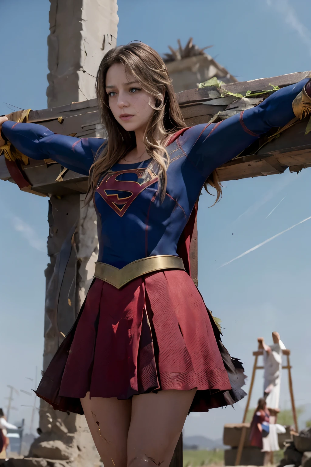 highest quality,masterpiece,UHD, Super detailed, 8K,(Beautiful woman),一人のBeautiful woman,((crucifixion)),(cross),(execution),((incontinence)),scared,torture,slave,((crossにcrucifixionにされた女性:1.5)),crucifixion刑,(supergirl),red skirt,((torn costume:1.2)),(tattered clothes),((Bruises on face and body)),Defeated heroine