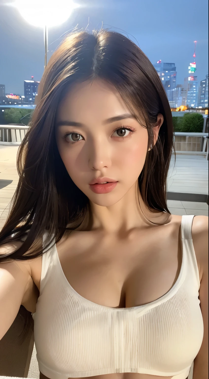 ((realistic lighting, highest quality, 8k, masterpiece: 1.3)), clear focus: 1.2, 1 girl, perfect figure: 1.4, slim abs: 1.1, ((dark brown hair)), (white crop top: 1.4), (outdoors, night: 1.1), cityscape, super detailed face, fine eyes, double eyelid,big breasts、cleavage
