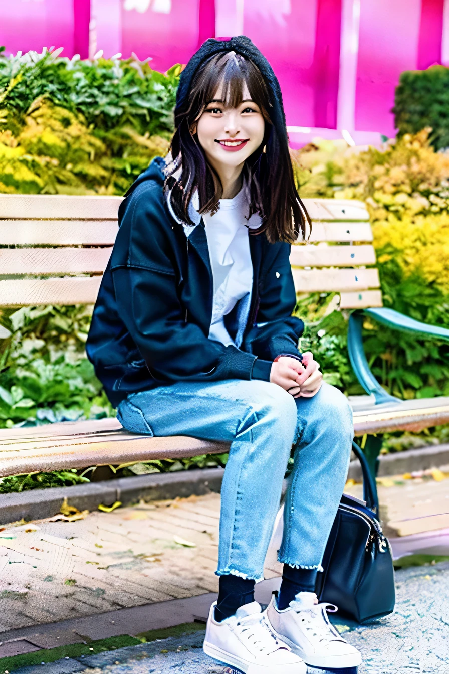 A neat and beautiful woman sitting on a park bench、black hair、hoodie、skinny denim、sneakers、socks slightly visible through shoes、refreshing smile、smiling with open mouth、full body photo、hat