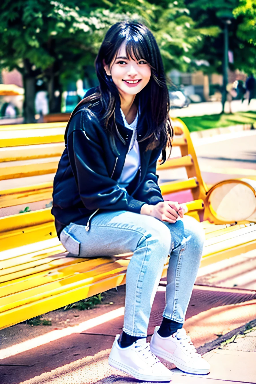 A neat and beautiful woman sitting on a park bench、black hair、hoodie、skinny denim、sneakers、socks slightly visible through shoes、refreshing smile、smiling with open mouth、full body photo、hat
